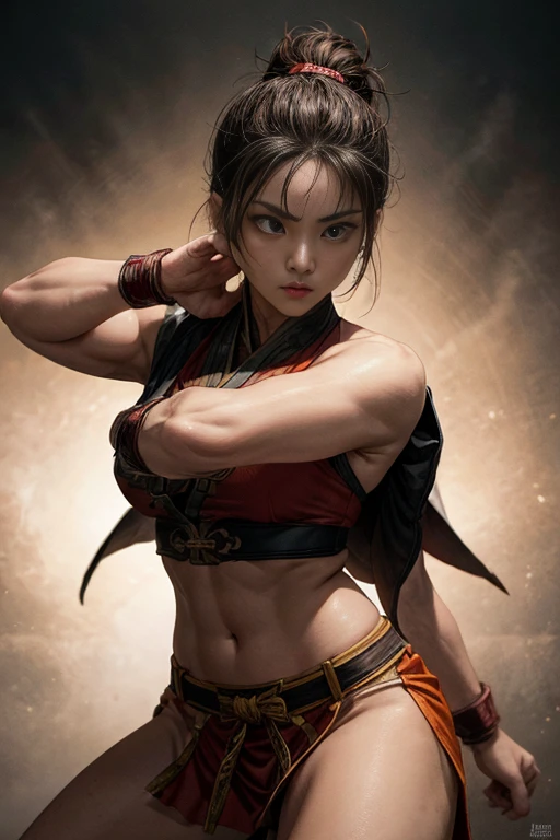 Several Thai women fighting Muay Thai in ancient clothes in an ancient temple