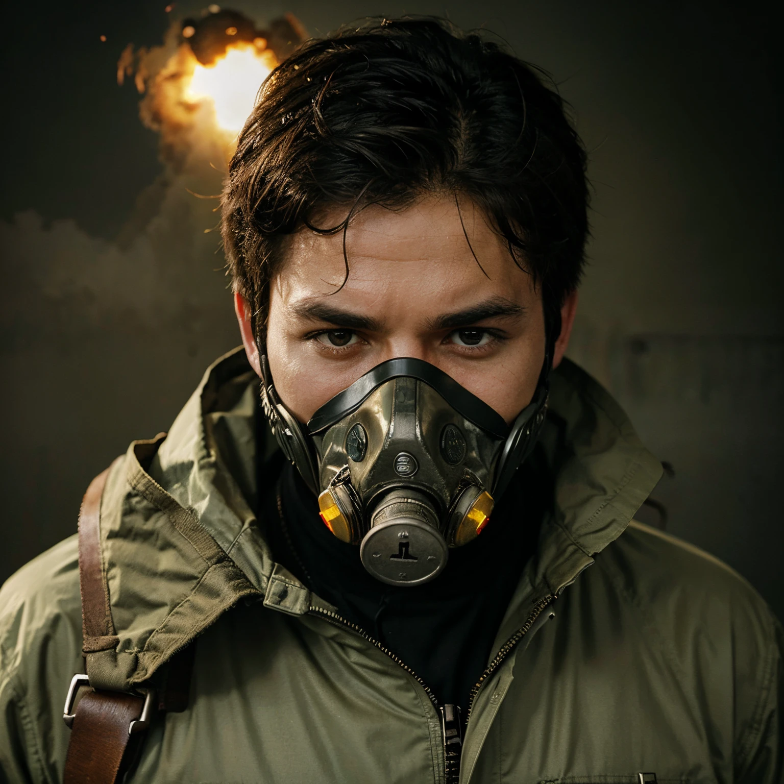Cowboy putting on a gas mask with a nuke dropping behind him