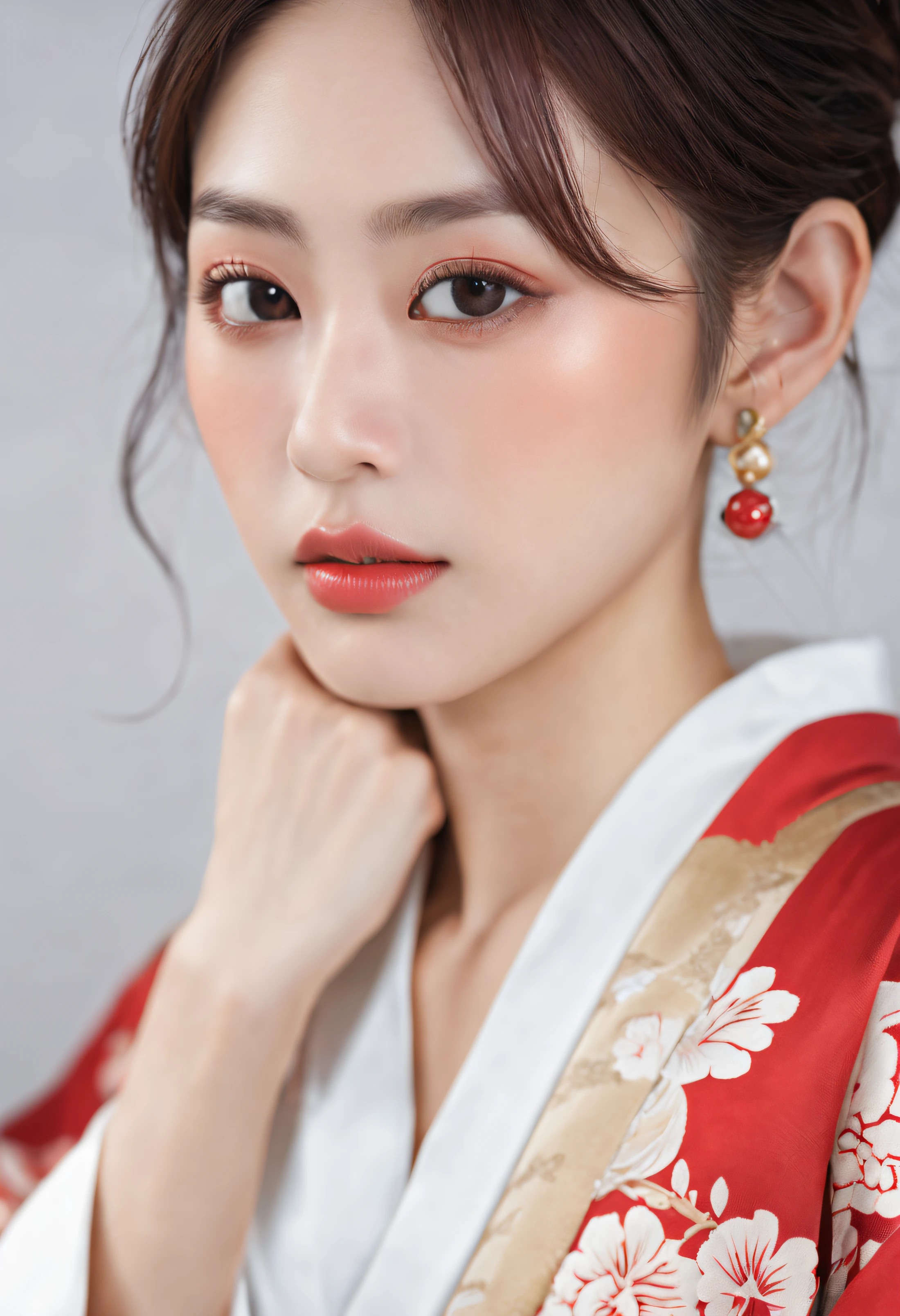 (Best Quality,4K,8K,hight resolution,masutepiece:1.2), Ultra-detailed, (Realistic,Photorealistic,Photorealsitic:1.37), Portraits, (Japanese, traditional, Kimono:1.1), Cute, (profile image, trendy pictures:1.1), Beautiful detailed eyes, Beautiful detailed lips, extremely detailed eye and face, long eyelashes, gorgeous woman, front camera eye contact, white and red kimono costume, full-length shot, japanaese girl, Face forward and smile with your mouth open.