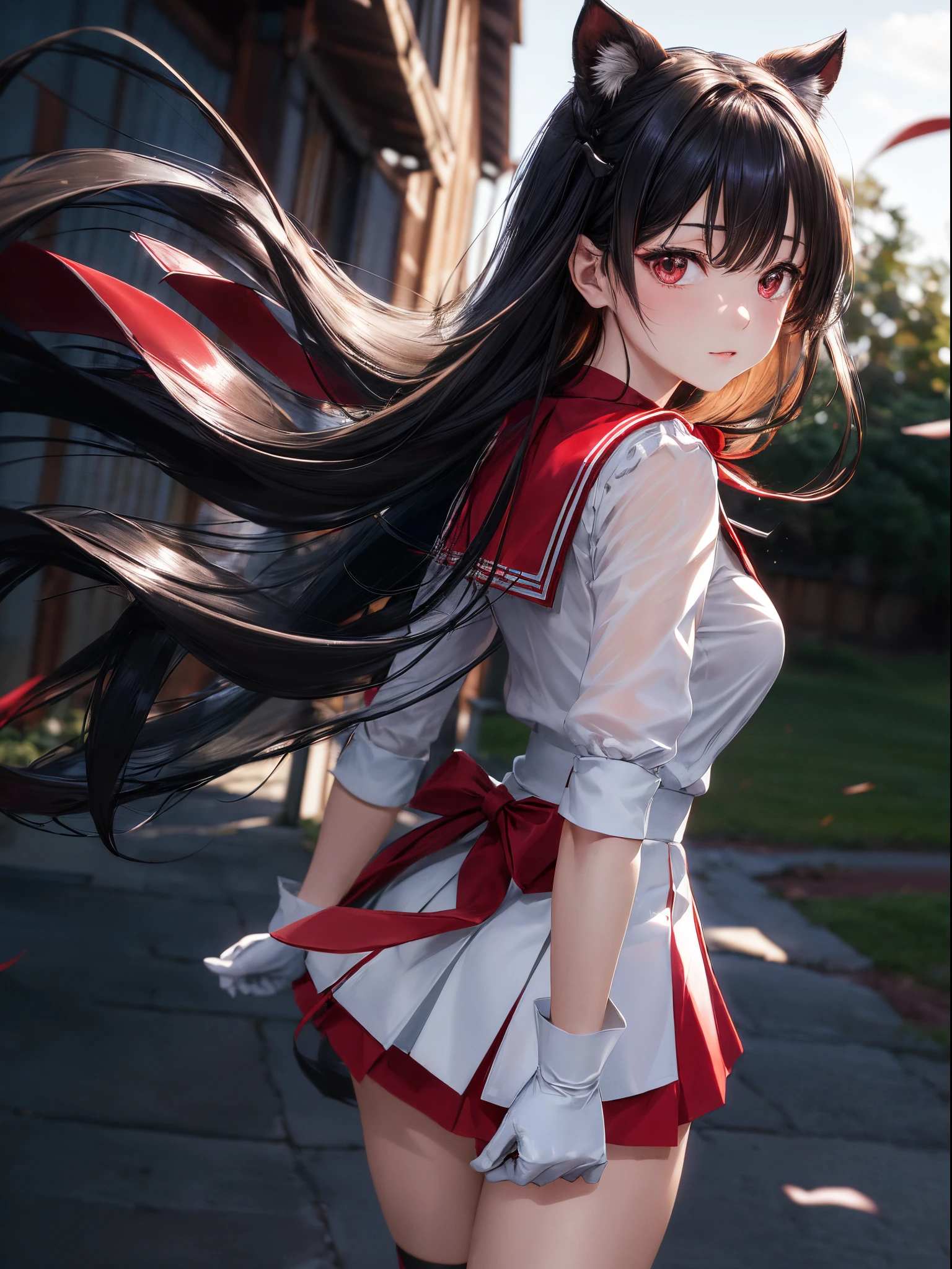 masutepiece, Best Quality, High resolution, SAMA1, tiarra, Sailor Sensi uniform, White Gloves, Red sailor collar, (Red skirt), Star Necklace, elbow groves, Pleated skirt, Bare legs, Purple bow, Denim Shooting, Background bokeh (((85mm Renron facing camera, Gentle expression, wind blowing hair, hair (Black), turn, turn back, Pose