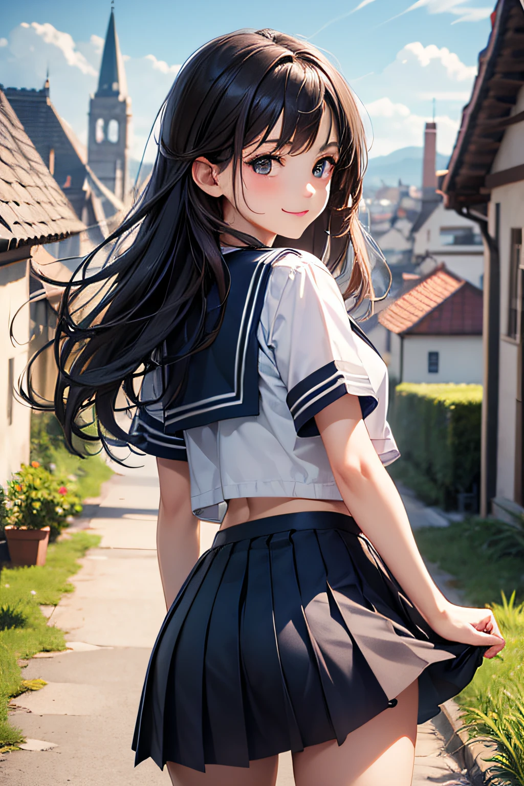 Very cute and beautiful girl,Teen,(very detailed beautiful face and eyes:1.2),Seifuku,Smile,(Navy blue pleated mini skirt),
(Cowboy Shot),(Looking back,from behind),Leaning forward,From below,White panties,
many european houses with red roofs,(Town overview),Narrow river and distant stone bridge,Detailed landscapes,
Black hair,(Best Quality,masutepiece:1.2),Intricate details,Solo,8K resolution,Natural lighting,extremely details CG,
Hair fluttering in the wind,Beautiful detailed sky,