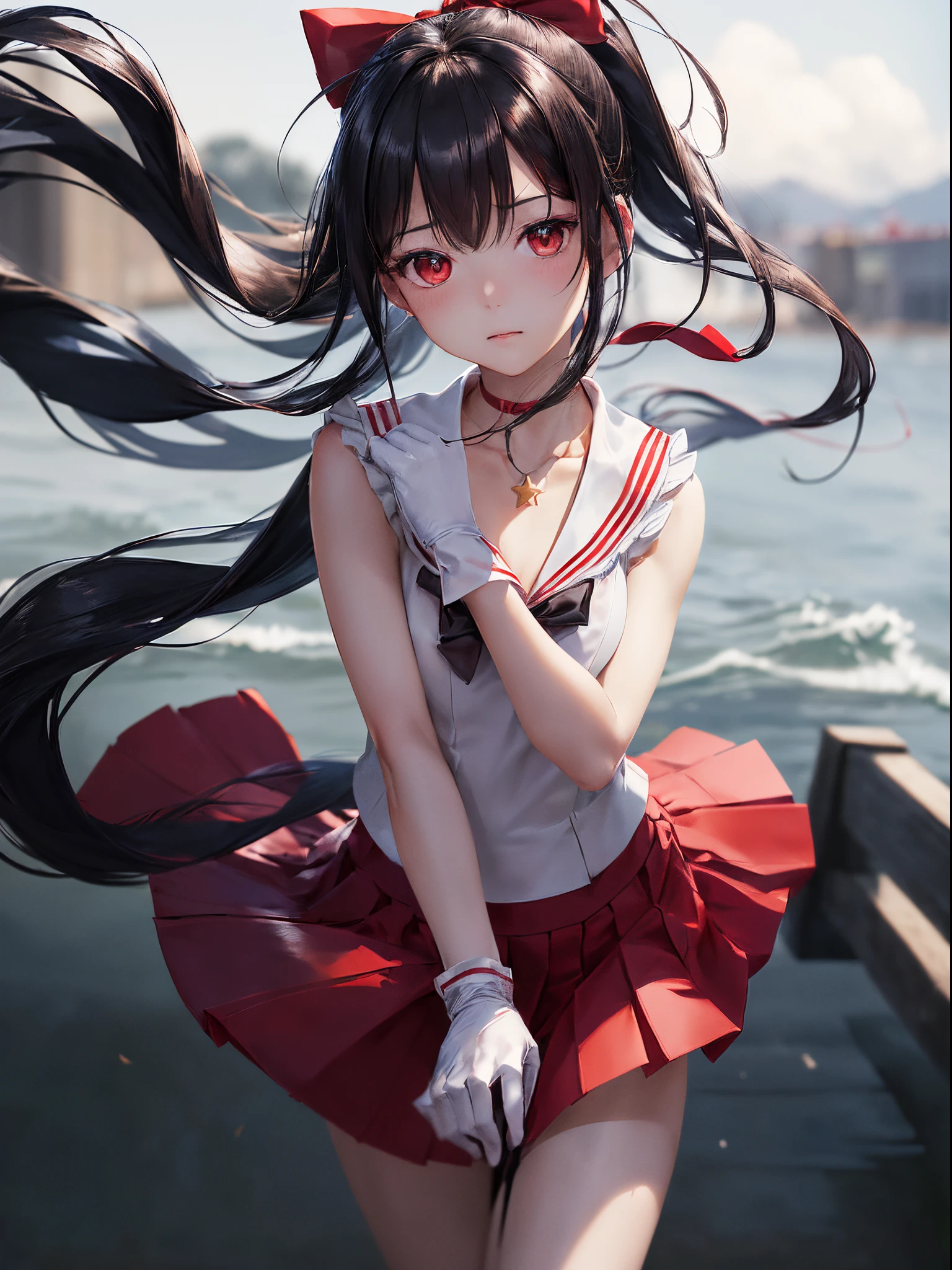 masutepiece, Best Quality, High resolution, SAMA1, tiarra, Sailor Sensi uniform, White Gloves, Red sailor collar, (Red skirt), Star Necklace, elbow groves, Pleated skirt, Bare legged, Purple bow, Denim Shooting, Background blur, Background Light, (((85mm to fix camera, Gentle expression, wind blowing hair, hair (Black), Posing