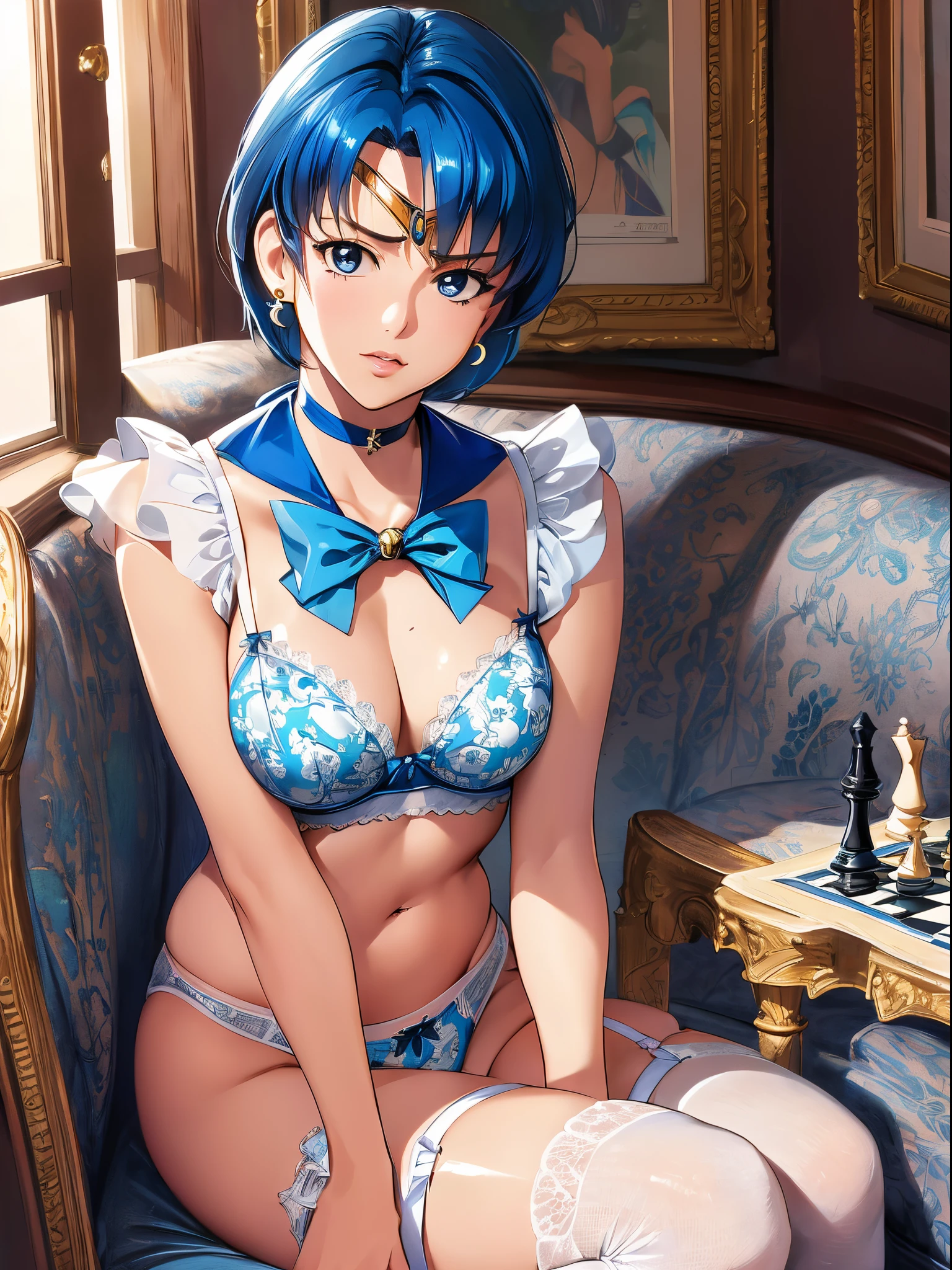 (Solo, 1girl in), (absurderes, hight resolution, official wallpaper, poster for), (masutepiece, Best Quality:1.2), (Illustration, Realistic), (perfect  detail, highest details, ighly detailed), Dramatic light, Ami Mizuno, (Sailor Mercury, Neck ribbon, Blue hair, Short hair, circlet, Jewelry, Crescent Earrings), ((Print Lingerie), (print bra), (printed panties), white thighhig, Garter Belt), (Chess, Sitting, chess piece), (Sitting, Serious, )