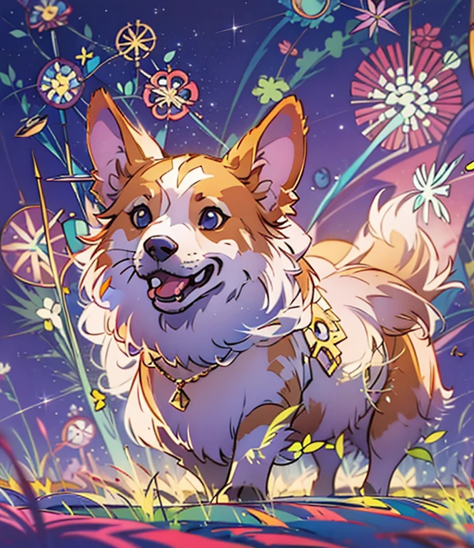 Fluffy corgi, dynamic composition, ambient sparkles,