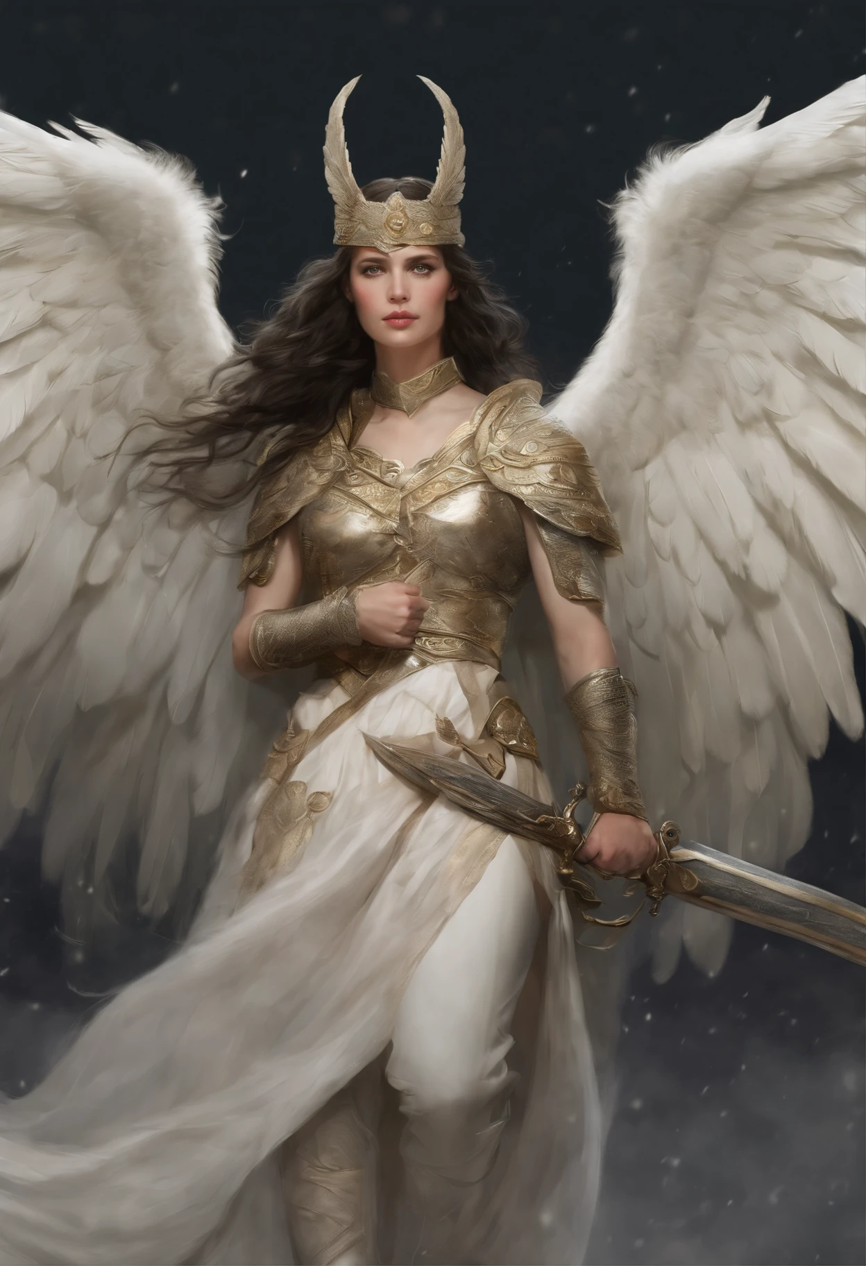 真实感, dark fantasy style, John Tolkien style, Small painting by Jean-Baptiste Monge, portraite of a, looks from the front, Soft facial features,  Angel Girl, Average height, dark pink lips, thin lip shape ,"Cool eyebrows in the shape of Angryburts, dark brown eyes, green colored eyes, drooping eye shape, drooping corner of the eye, looking at away,  black  hair, hair braided in a long thick tight braid,  classic braid, hairstyle with classic braid, duck nose shape,  in the hands of the sword of the heavenly warrior,   Human Hand, Very clear without flaws with five fingers ,in the form of a Valkyrie,  Carol Buck style, behind his back are huge open angel wings, Sword in hand,Human Hand, Very clear without flaws with five fingers  ,Slightly naked, Priestesses, dressed in white and gold clothes, holy golden armor, Celestial Queen,  standing next to him is a white horse with wings, hugs the horse, rain is dripping in the foreground, The sky, rainbow, Jean-Baptiste Monge, anthropomorphic --ar 2:3 --testp -optimistic;