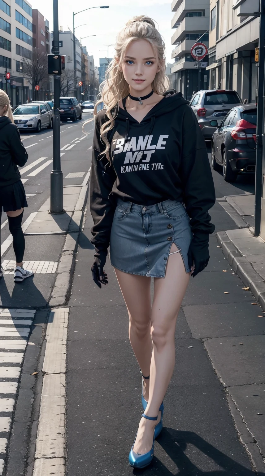 25-year-old Caucasian woman、platinum-blonde、blue eyess、Semi-long、My hair is wavy、Hair is tied up、Wearing a hair band、accessories on the wrist、wearing a choker、a smile、slim muscular body、I don't want my head to disappear from the screen.、Wearing a dress、I'm wearing a low-rise miniskirt、Wearing gloves without fingertips、wearing a hoodie、I'm wearing pin heels、on the street sidewalk