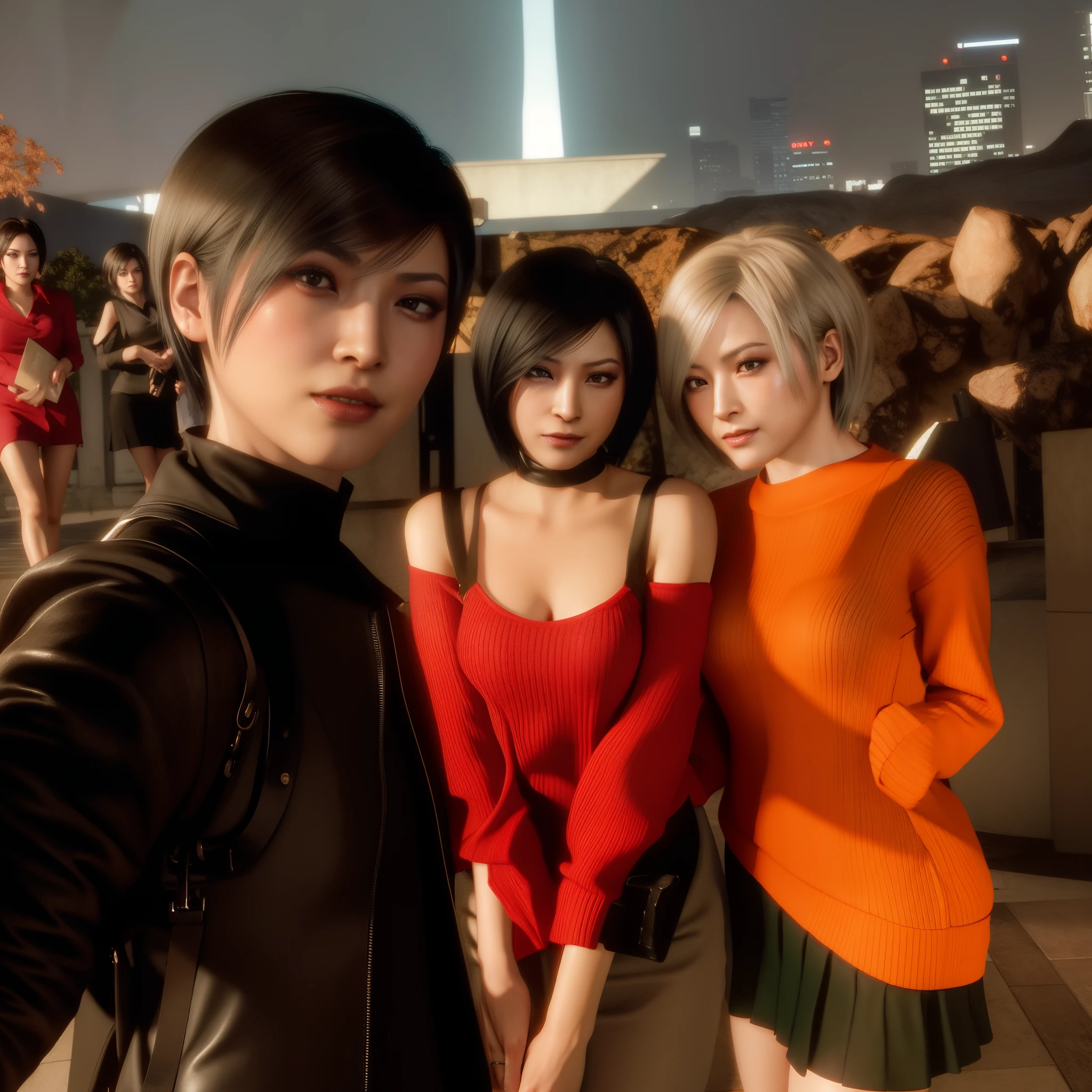 Ada wong, 30 years old, short bob hair, black jared dress, woman, smile, perfect face, stylish