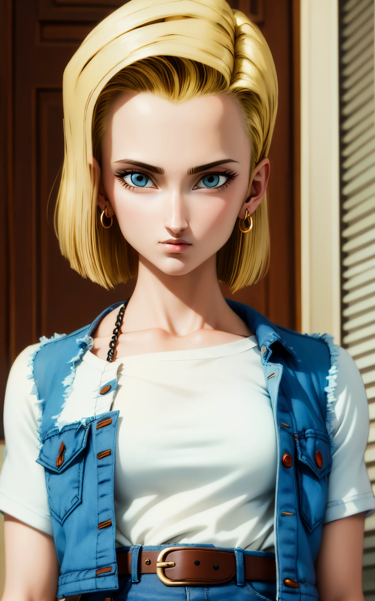 (masterpiece, best quality), ,android18, earrings, denim, belt upper body, focus face, perfect face, Emily Rudd.