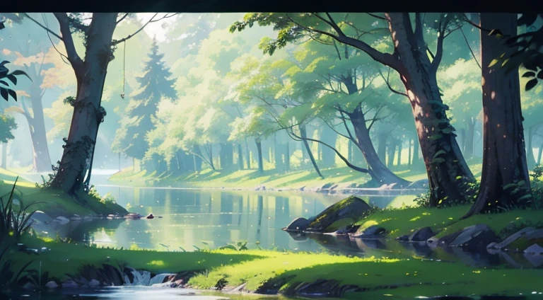 verdant green, the woods, lake, small stream, large tree branches、Perspective、Perspective、Majestic panorama、HD Detail、hyper detail novi、Deep field focus bokeh、Ray traching、