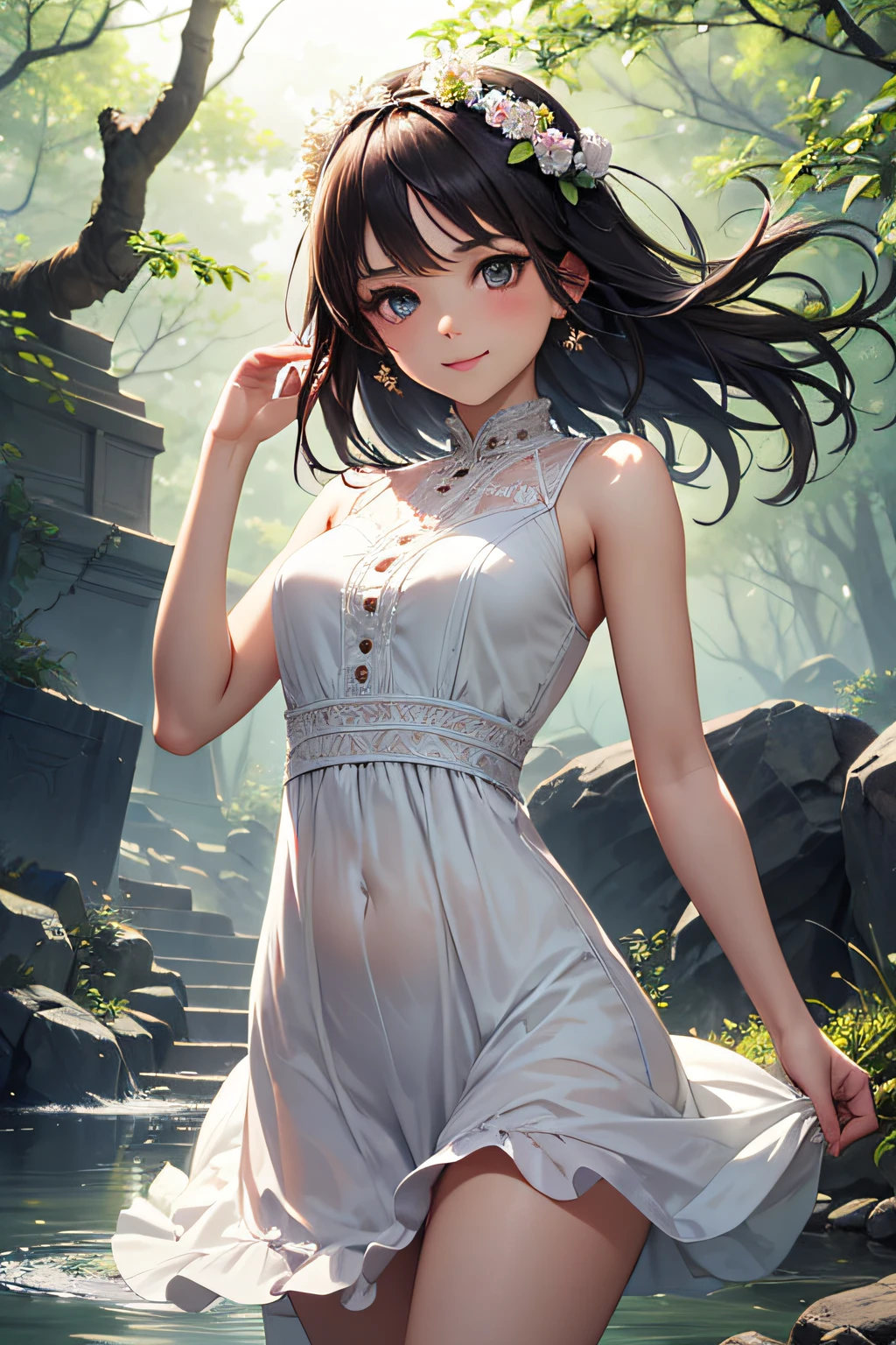 Very cute and beautiful girl,white sundress with small ruffles,Skirt lift,White panties,(very detailed beautiful face and eyes:1.2),
Cowboy Shot,Smile,Black hair,flowercrown,
(Standing by a water fountain in the forest),Fog,fantastic stone monument,Detailed landscapes,
(Best Quality,masutepiece:1.2),(Intricate details),Extremely detailed,hight resolution,Solo,
Cinematic lighting,Dim light,Dynamic Angle,Hair fluttering in the wind,