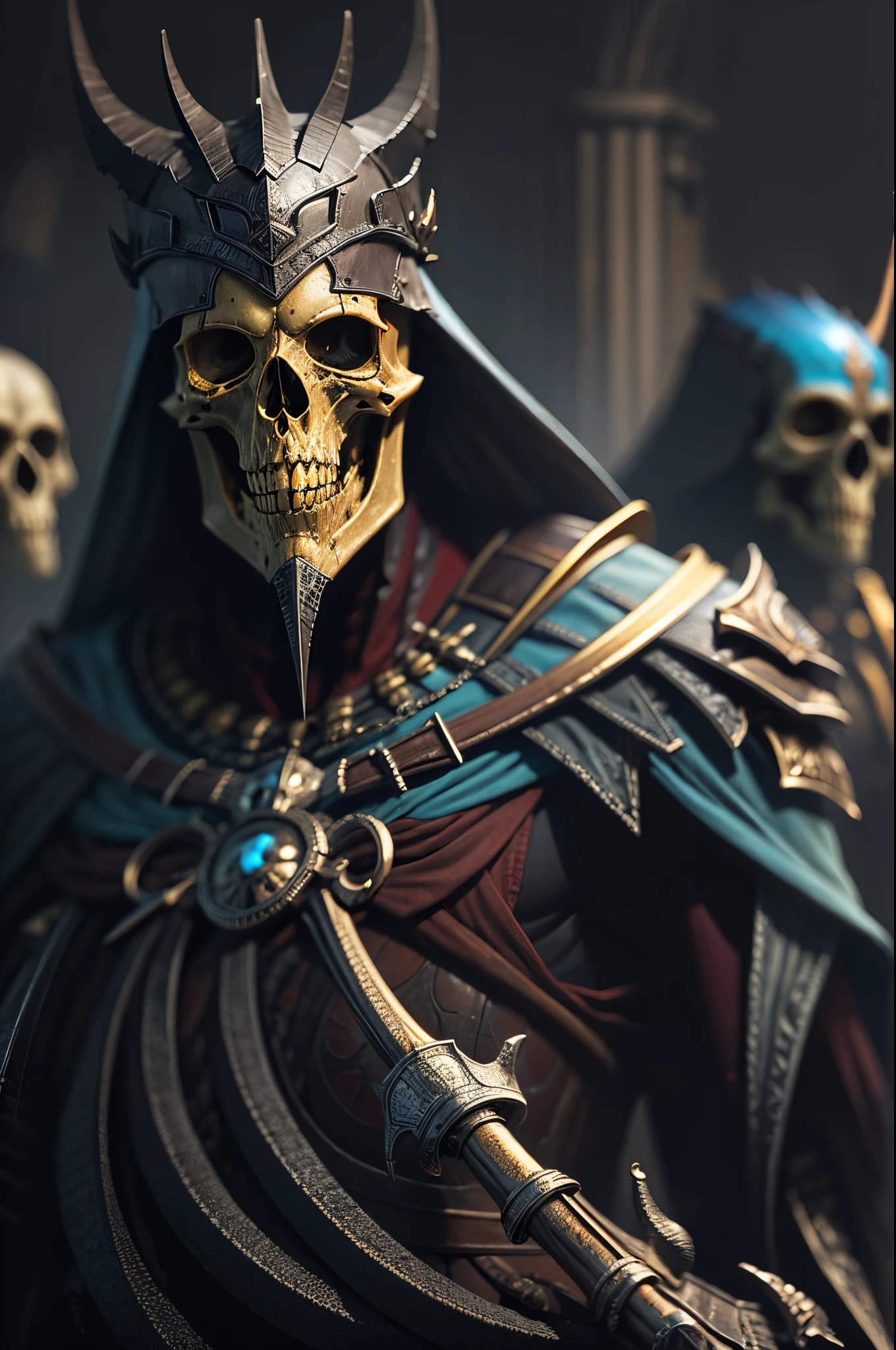 D14bl0 style Skeleton King，(greg rutkovsky:0.8), (cyan and orange:0.4），Drama Lighting，Epic war fantasy digital art，pre-raphaelite paintings, classical,