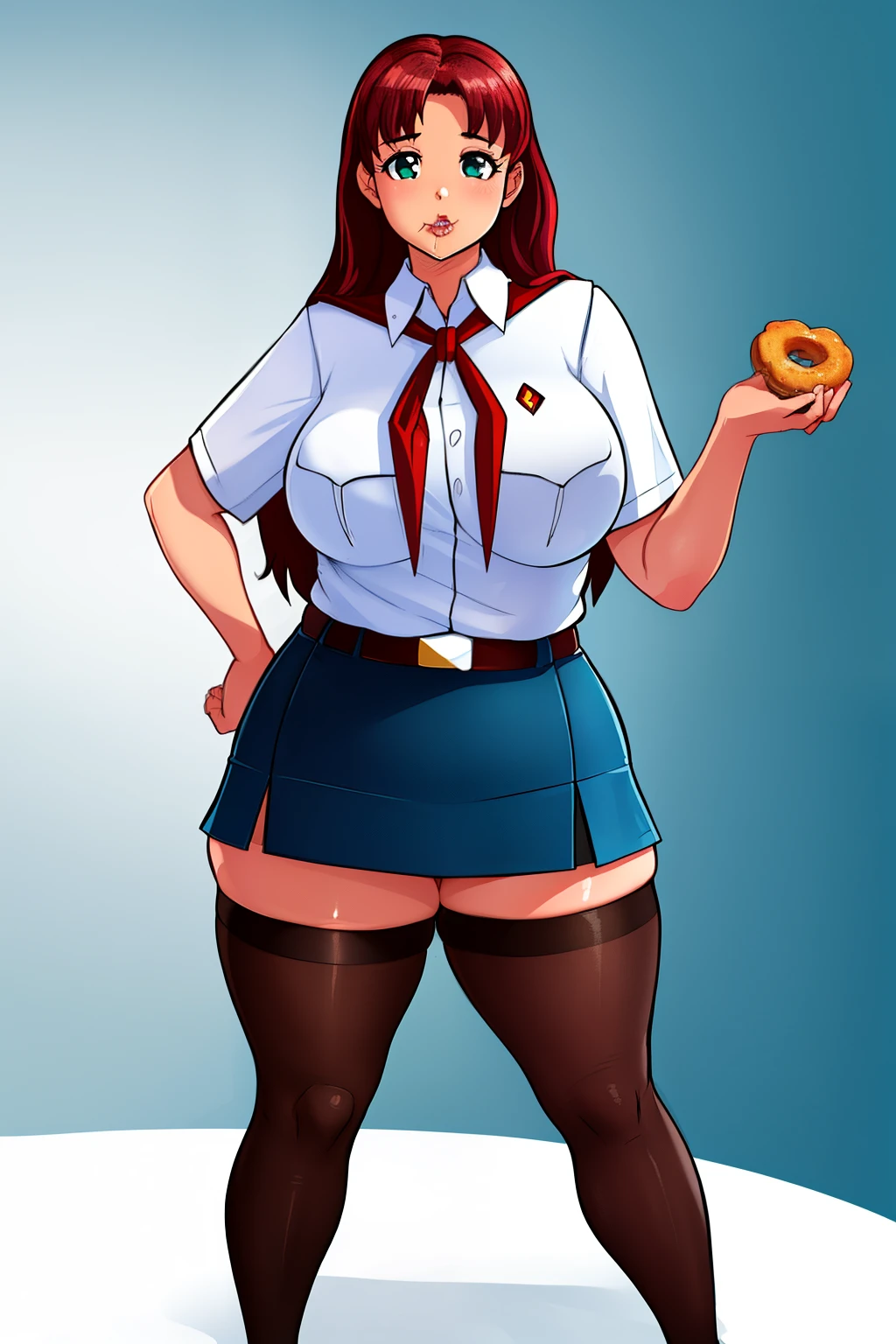 masterpiece, (photorealistic), (8k wallpaper) , (best quality), perfect quality, solo, (detailed eyes:1.1), girl, red hair, eating donut, very young, face : (very young, European, very beautiful face, young). figure : (very full figure, curvy, very plump, very chubby, chubby belly, love handles, muffin top, very soft, very thick, sexy, sexy pose, fat thighs). clothes: ( short miniskirt, very tight school uniform, ripped tights, fishnet ).