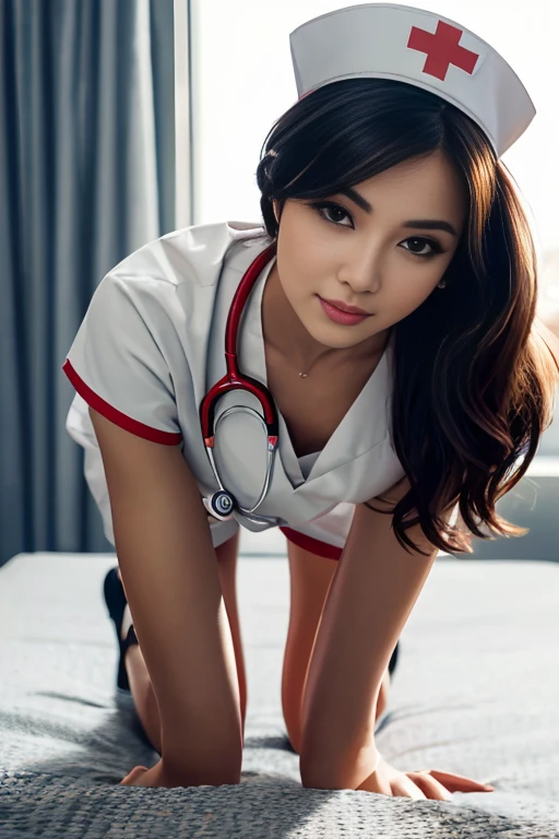 Photorealistic beautiful doctor、stunningly beautiful、nurse、(top-quality、8K、32K、​masterpiece、nffsw:1.3)、超A high resolution,(Photorealsitic:1.4),Raw photography, Detailed face,,Beautiful Long hair, ((Doctor Style)), , tight skirts、 Natural makeup, Breast cleavage, Medium full breasts、sexy masquerade mask, Detailed background, Perfect Lighting, depth of fields, nurse hat,stethoscope , (((fullbody))), whole body capture, fullbody, legs wide open, open legs, eyes on camera, details eyes, beautiful eyes, on all fours doggy style getting penetrated