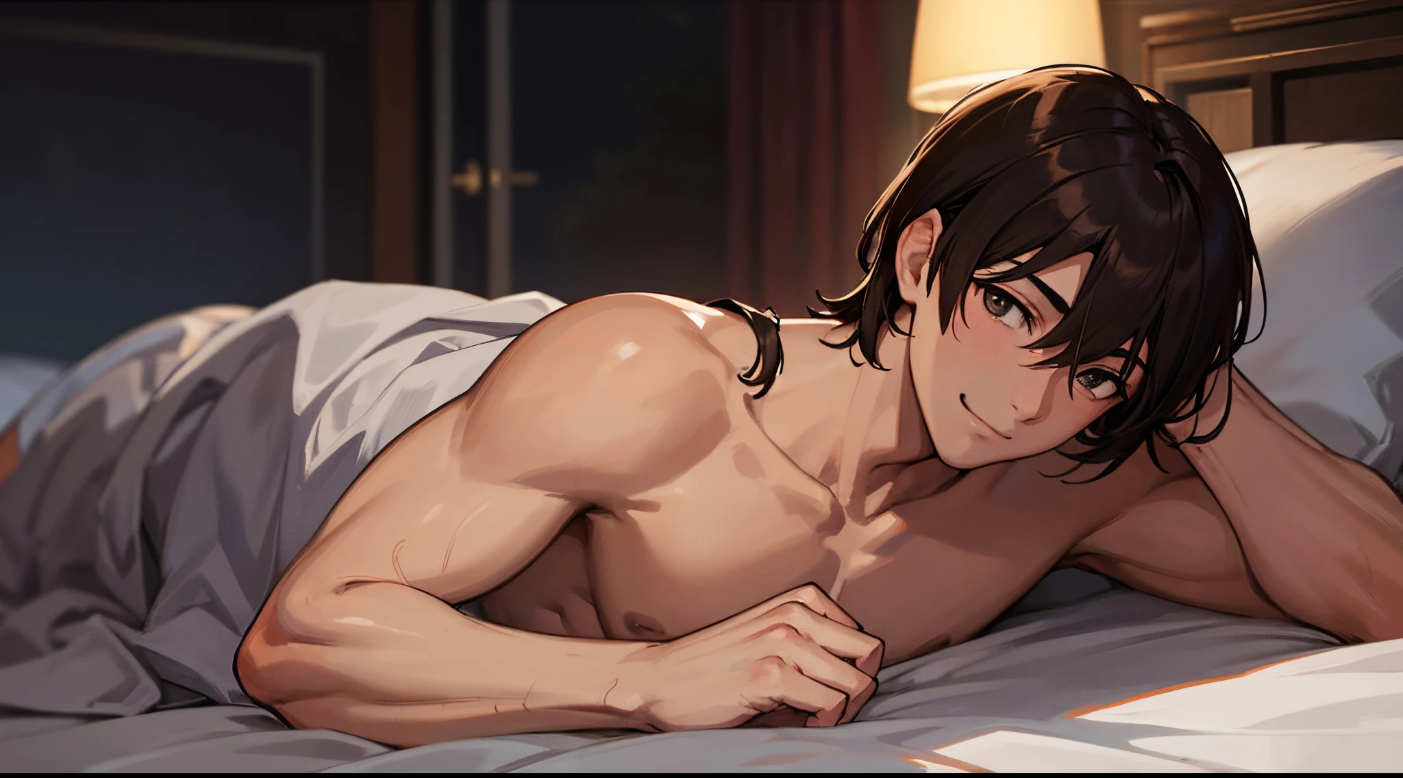 A handsome young man, shirtless, lying face down on the bed, facing towards you., Brown hair, look at viewr, toppless, Smile、he is in the dark room