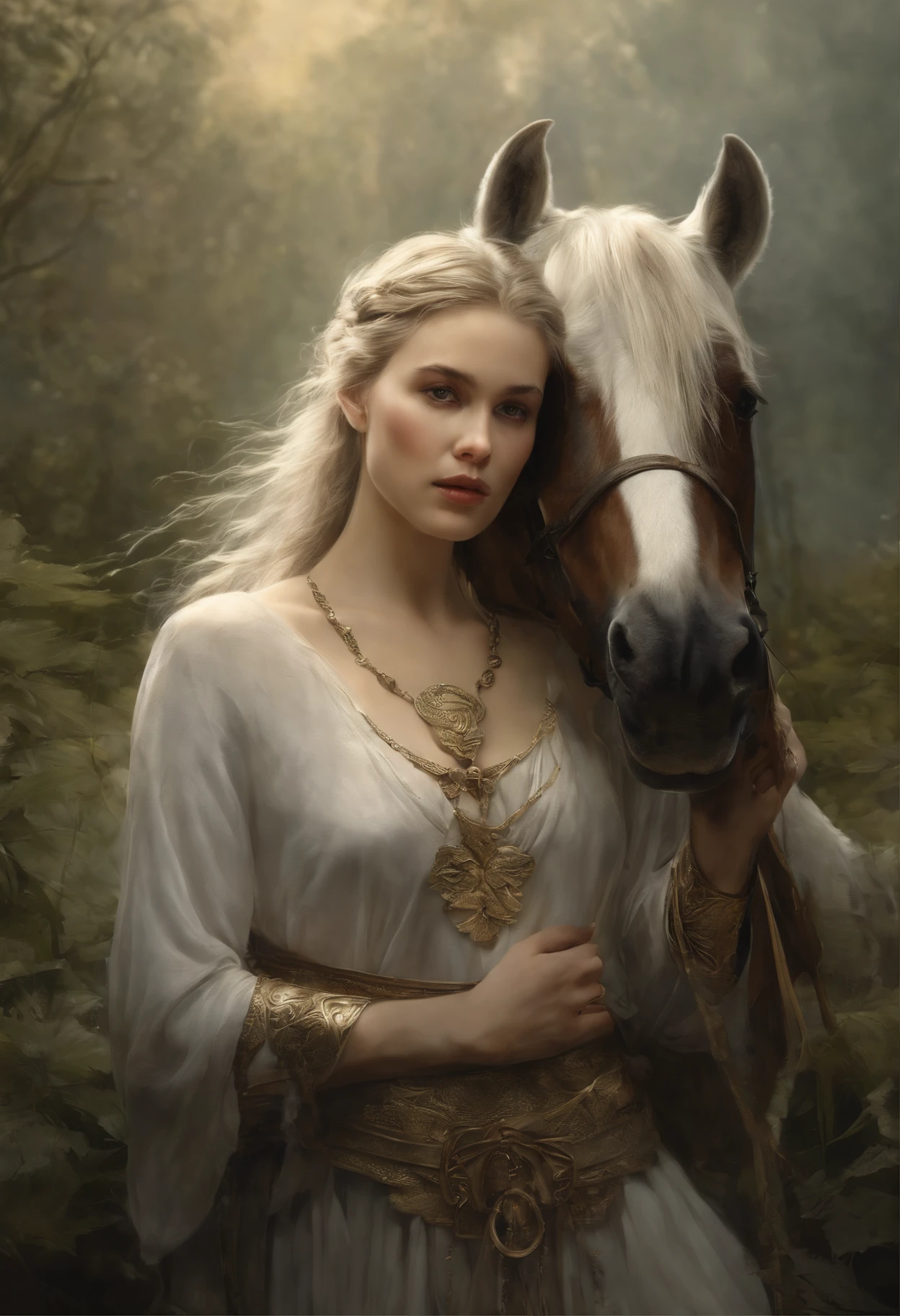 真实感, dark fantasy style, John Tolkien style, Small painting by Jean-Baptiste Monge, portraite of a, looks from the front, Soft facial features,  Angel Girl, hugs a horse with wings, Average height, dark pink lips, thin lip shape ,"Cool eyebrows in the shape of Angryburts, dark brown eyes, green colored eyes, drooping eye shape, drooping corner of the eye, looking at away,  black  hair, hair braided in a long thick tight braid,  classic braid, hairstyle with classic braid, duck nose shape,  in the hands of the sword of the heavenly warrior,   Human Hand, Very clear without flaws with five fingers ,in the form of a Valkyrie,  Carol Buck style, behind his back are huge open angel wings, Sword in hand,Human Hand, Very clear without flaws with five fingers  ,Slightly naked, Priestesses, dressed in white and gold clothes, holy golden armor, Celestial Queen,  next to him stands a white horse with wings, in the foreground hugs a horse, rain dripping in the foreground, The sky, rainbow, Jean-Baptiste Monge, anthropomorphic --ar 2:3 --testp -optimistic;