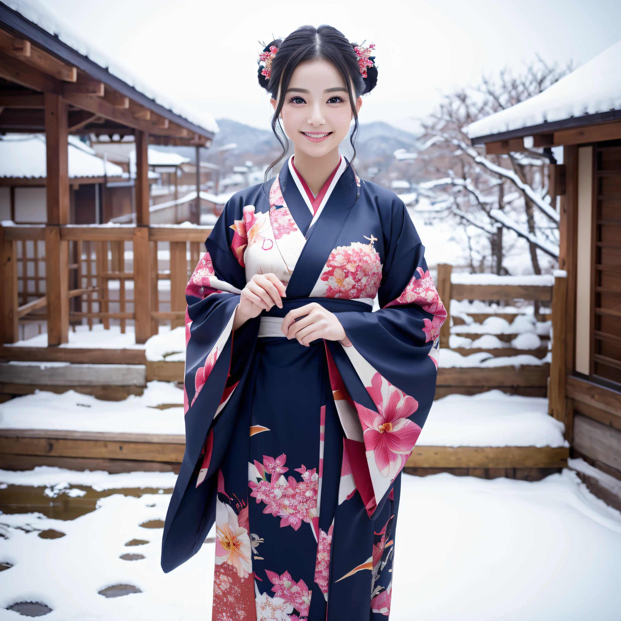 (Super beautiful woman in kimono)、((best qualtiy、8k masterpieces:1.3))、foco nítido:1.2、(ultra beautiful faces:1.0)、(shinny skin:1.0)、photos realistic、A dark-haired、Video Lighting、High-definition eyes and face、Video Lighting、Japanese actressl、from the front side、medium breasts、With a happy smile、Slender Abs Beauty、Whole body、wearing kimonos、In a snowy landscape in the middle of winter、highest grade obi