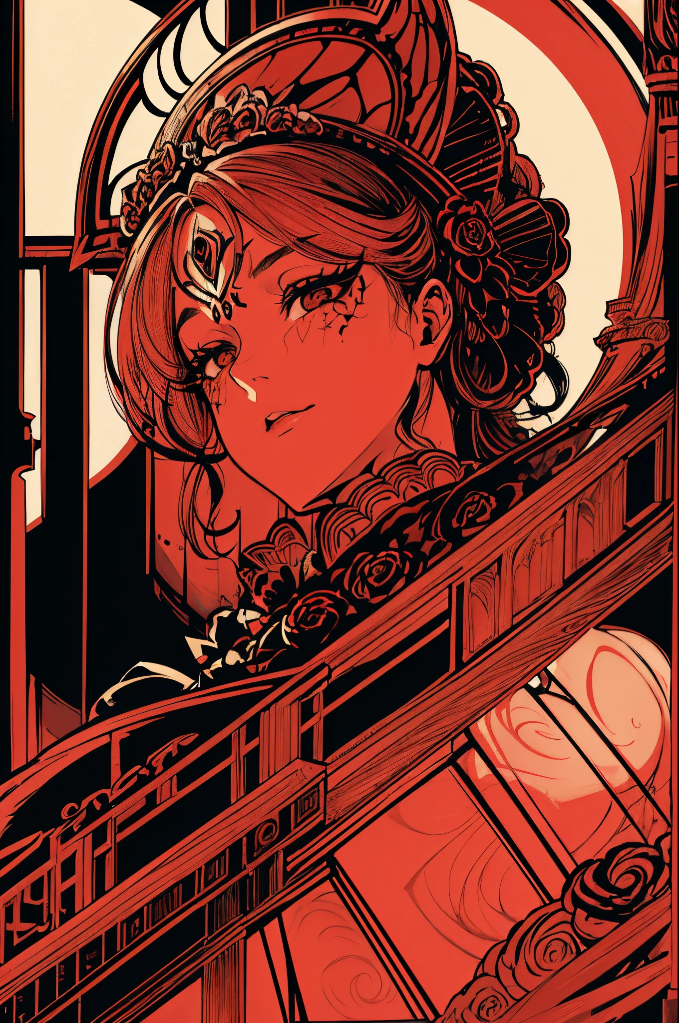 Butterfly motif、shades of scarlet and black、Vibrant colors、((​masterpiece)))、(((top-quality)))、((ultra-detailliert))、(A hyper-realistic)、(highly detailed CGillustration）、Official art、Luxembourg in the early 20th century、Decadent、Madame Papillon、Cool Beauty、Masquerade、sophisticated menegance、Gorgeous、Colorful and detailed mask design、matchless beauty、Fans、gorgeous dress、jewely、Female Solo、Perfect Angle、perfect-composition