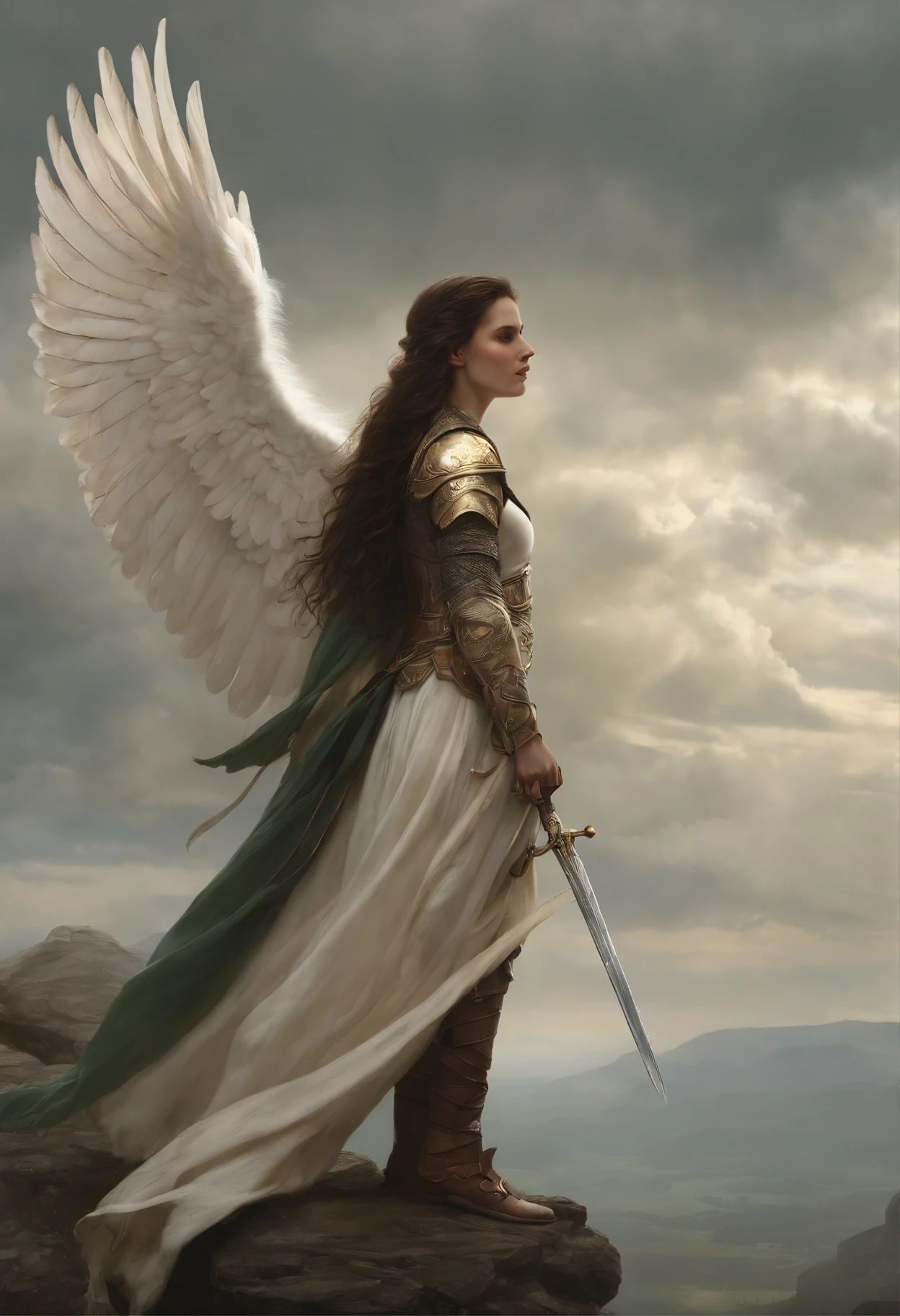 真实感, dark fantasy style, John Tolkien style, Small painting by Jean-Baptiste Monge, portraite of a, looks from the front, Soft facial features, Angel Girl, hugs a horse with wings, Average height, dark pink lips, thin lip shape ,"Cool eyebrows in the shape of Angryburts, dark brown eyes, green colored eyes, drooping eye shape, drooping corner of the eye, looking at away, black hair, hair braided in a long thick tight braid, classic braid, hairstyle with classic braid, duck nose shape, in the hands of the sword of the heavenly warrior, Human Hand, Very clear without flaws with five fingers ,in the form of a Valkyrie, Carol Buck style, behind his back are huge open angel wings, Sword in hand,Human Hand, Very clear without flaws with five fingers ,Slightly naked, Priestesses, dressed in white and gold clothes, holy golden armor, Celestial Queen, next to him stands a white horse with wings, in the foreground hugs a horse, rain dripping in the foreground, The sky, rainbow, Jean-Baptiste Monge, anthropomorphic --ar 2:3 --testp -optimistic;
