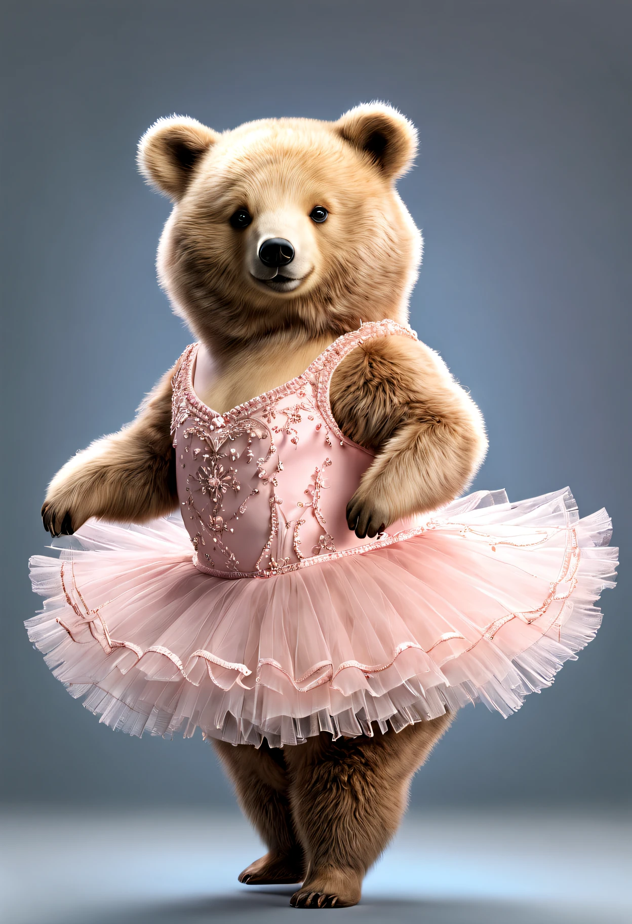 photorealistic portrait of Dressed animals - a fat baby bear ballet dancer,( ballet action posing), fluffy body, high quality,(lovely) ,intricate details, highly detailed ((ballet costume)) ,highly detailed tutu, (happy), studio lighting,(full body image:1.5)