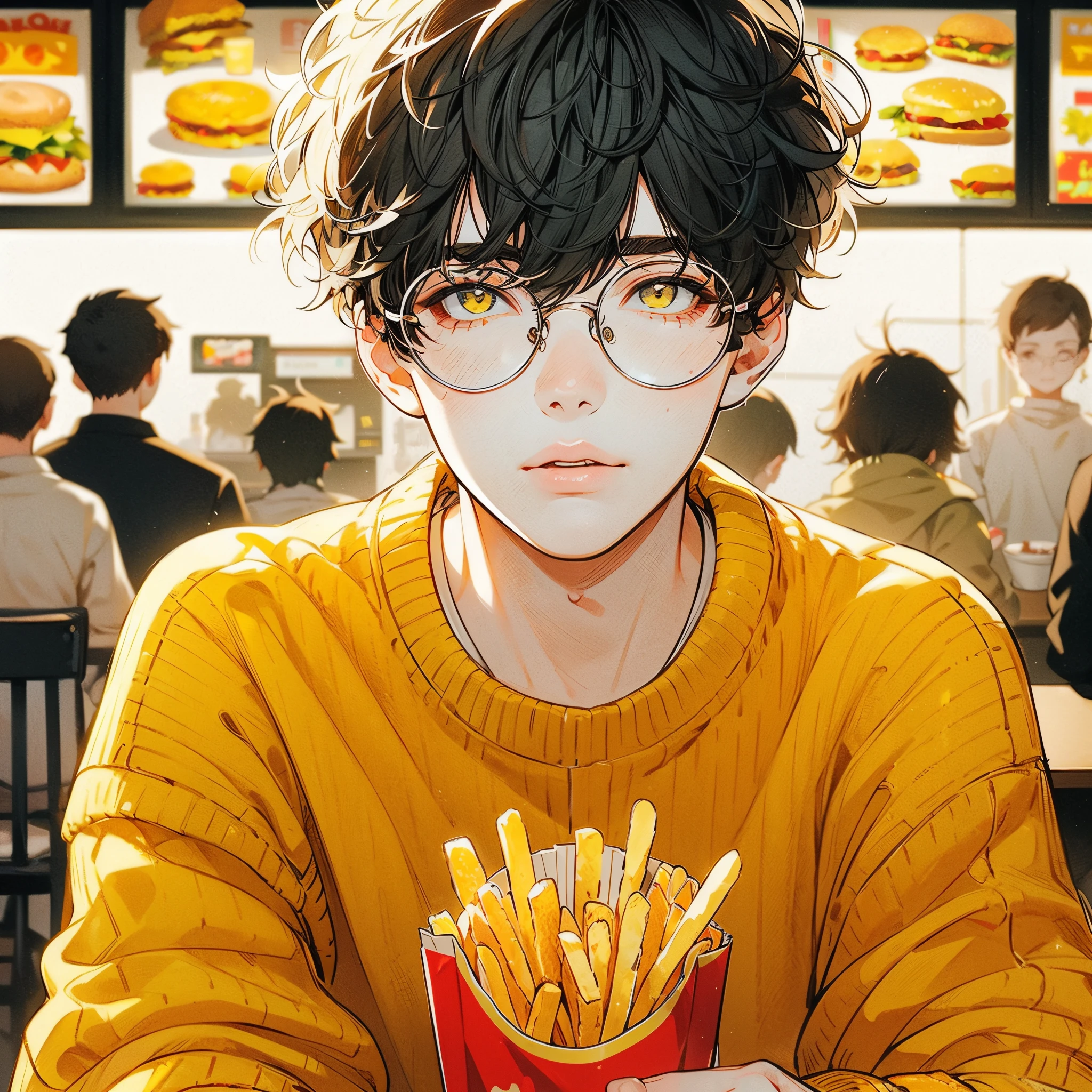 Beautiful young man, Dark hair, fluffy hair, Short hair, Round glasses, Yellow sweater, Eat french fries, 🍟, Fast food restaurants, Front view,High quality, amount of drawing, pixiv illustration