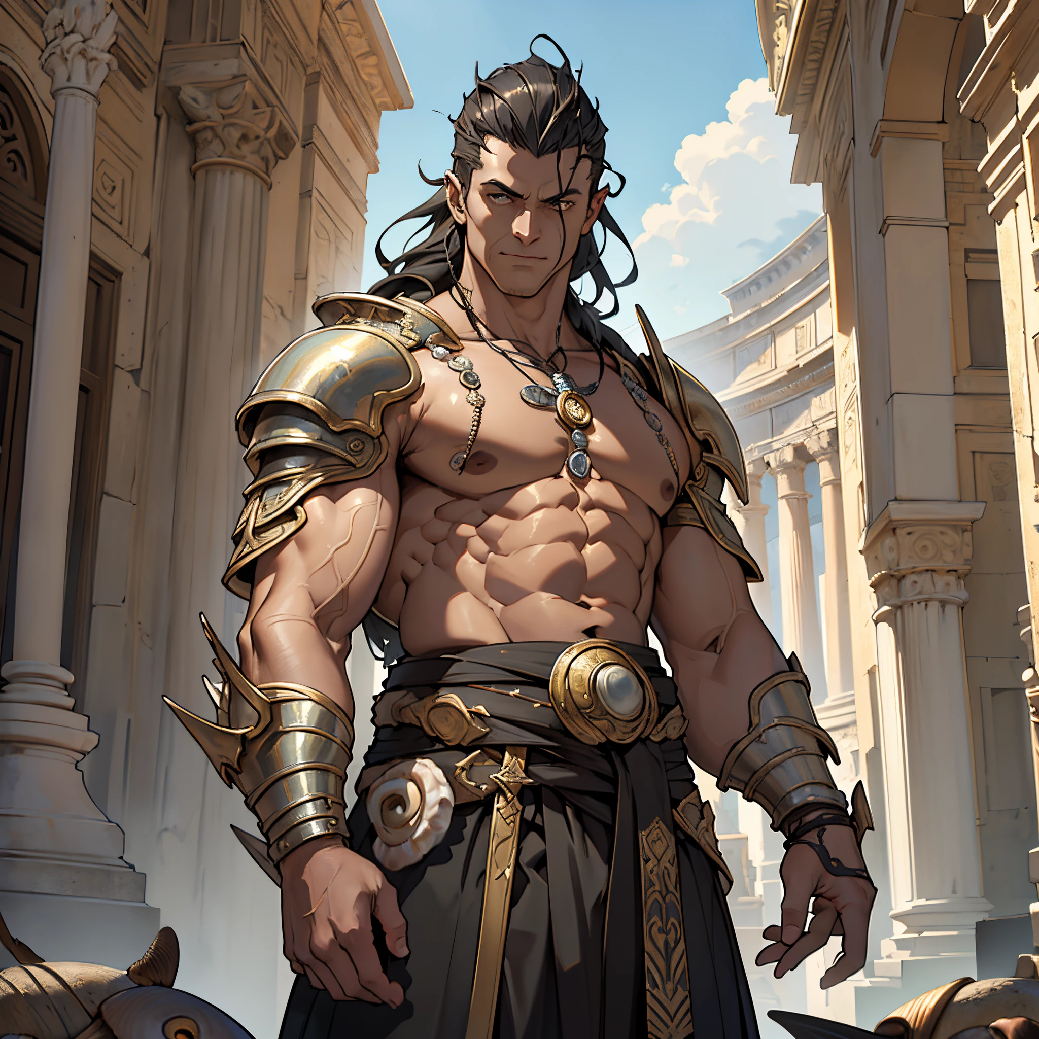 A close up of a man in armor standing in front of a building - SeaArt AI