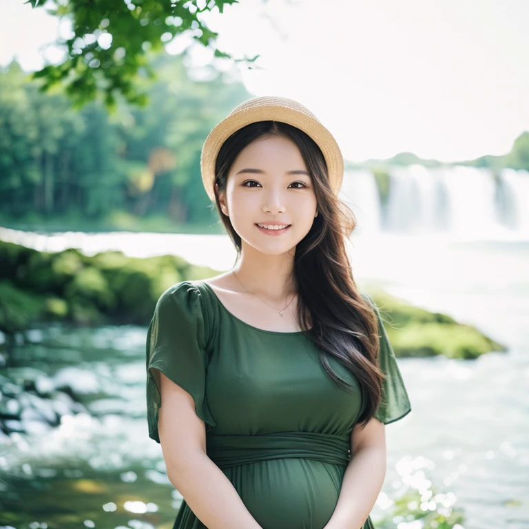 (1 schoolgirl,The cutest face,The biggest smile staring at the camera,Shot from up close,Shot from the waist up,Pregnant,Big belly,late pregnancy,A detailed face,Onepiece,Elegant dress,Dresses with intricate decorations,a straw fedora hat,Perfect face,Perfect makeup,A slender,Breasts are big,In a fantastic and beautiful forest)),((Sacred Forest Trees々Sunlight shining in from between,Perfect fingers,perfect arms,Graceful and beautiful,beautiful waterfall,large waterfall,Beautiful river,Mysterious fountain,Crystal clear spring water,Crystal clear water,beautiful water,夏天,Cool feeling,Cold,falls, Fantastic fountain and river flow,细致背景,top-quality,The ultra -The high-definition,Perfect Anatomy,high-definition RAW color photography,professional photograpy, extremely delicate and beautiful, Extremely detailed,finely detail, Huge file size,Top image quality,8K,Photos taken with a single-lens reflex camera,Award-Winning Works,masutepiece))