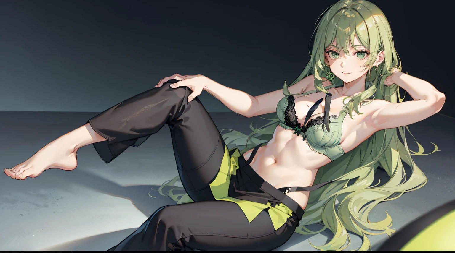 Best quality, green hair, small breasts, cleavage, navel, t-shirt, ((bra)),clothes lift, skirt, lying, full Body, perfect body ,sitting, armpit