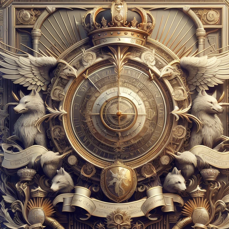 Large coat of arms of the Beiton Empire there is a clock in a gold frame and a clock with animals, intricate ornate anime cgi style, highly detailed 4k digital art, detailed digital 3d art, dan mcpharlin : : ornate, ornate art, intricate artwork. Octane Render, high detailed digital art, detailed steampunk illustration, Highly detailed digital graphics, great digital art with details