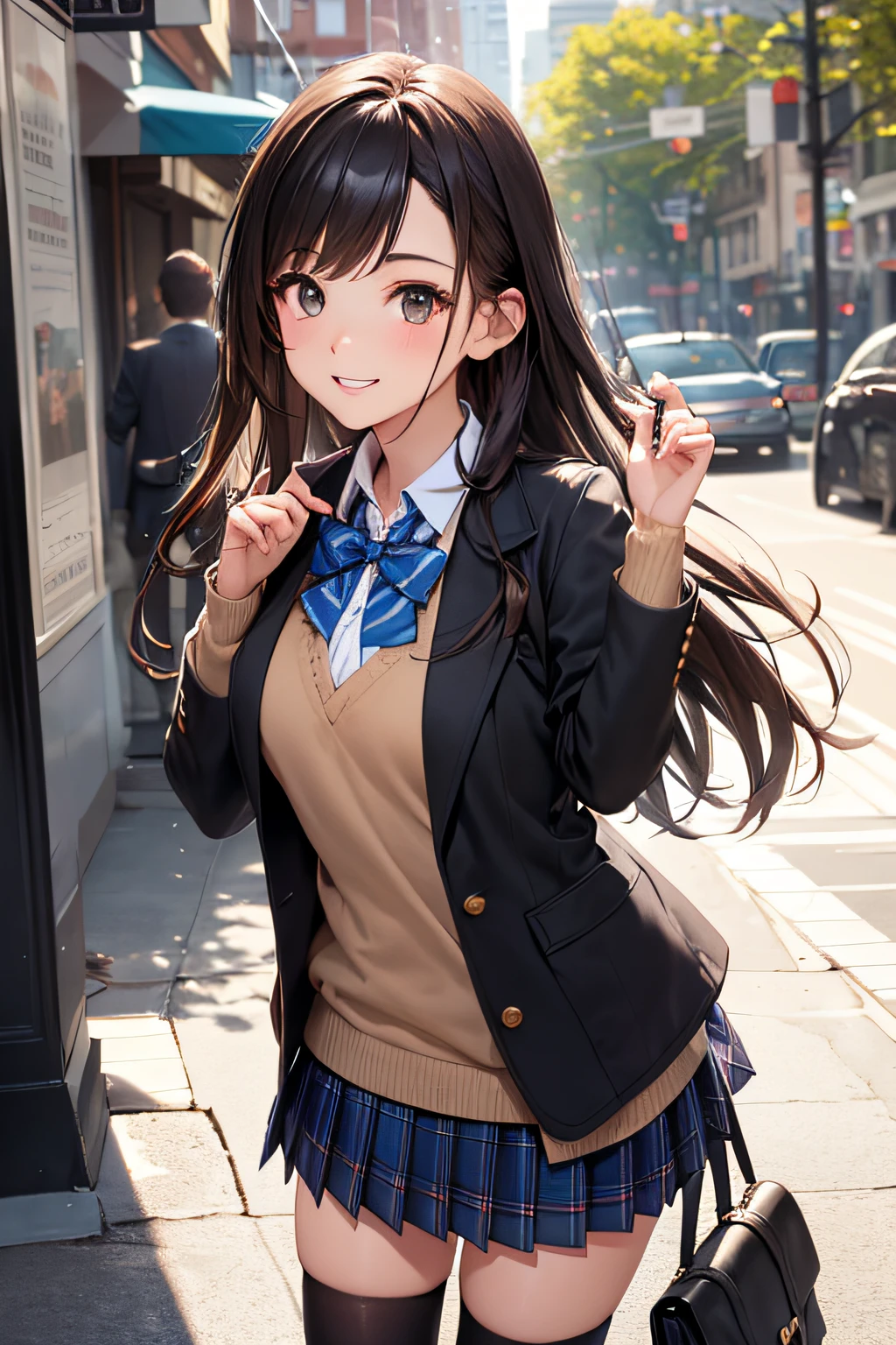 Very cute and beautiful girl,(very detailed beautiful face and eyes:1.2),Smile,Cowboy Shot,
(Brown jacket:1.2),Collared shirt,Checkered bowtie BREAK Detailed legs,zettai ryouiki,Brown shoulder bag,
stylish pose,Dynamic Angle,hair pin,Black hair,(Blue plaid mini skirt:1.2),Stone Gate,matriculation,Multicolored rose flowers,
(Best Quality,masutepiece:1.2),(Intricate details:1.2),hight resolution,Solo,Natural lighting,
Hair fluttering in the wind,Beautiful detailed sky,