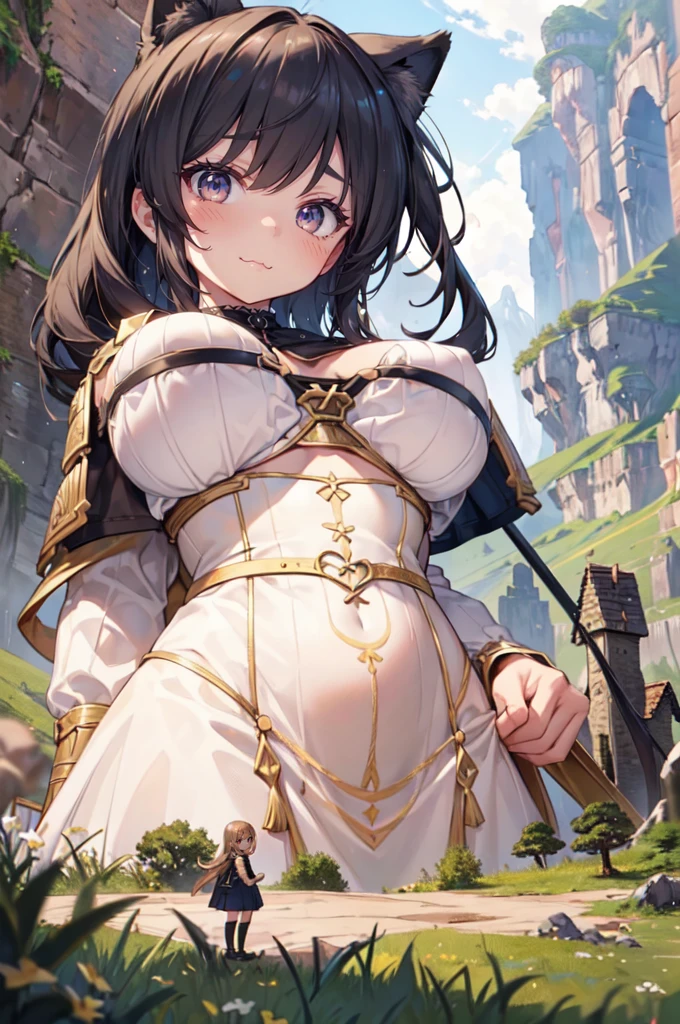 tiny village, village from above, straw wooden houses, (2girls:1.8), (giantess:1.2), (minigirl:1.3), (height_difference:1.8), (size_difference:1.3), a giantess looking down at a minigirl on a cliff, cliffs, dungeon, landscape, a giantess, tall woman, (underboob), sweaty, catgirl, ninja dress, bangs, , heart symbol, cute, (long hair:1.2), bangs, (tall), (miniature women: 1.4), armor, gambeson, knight, cliff, minigirl on a cliff, miniature woman on a hill, (rear_end), (multiple girls), tiny crowd of adventurers, cliff