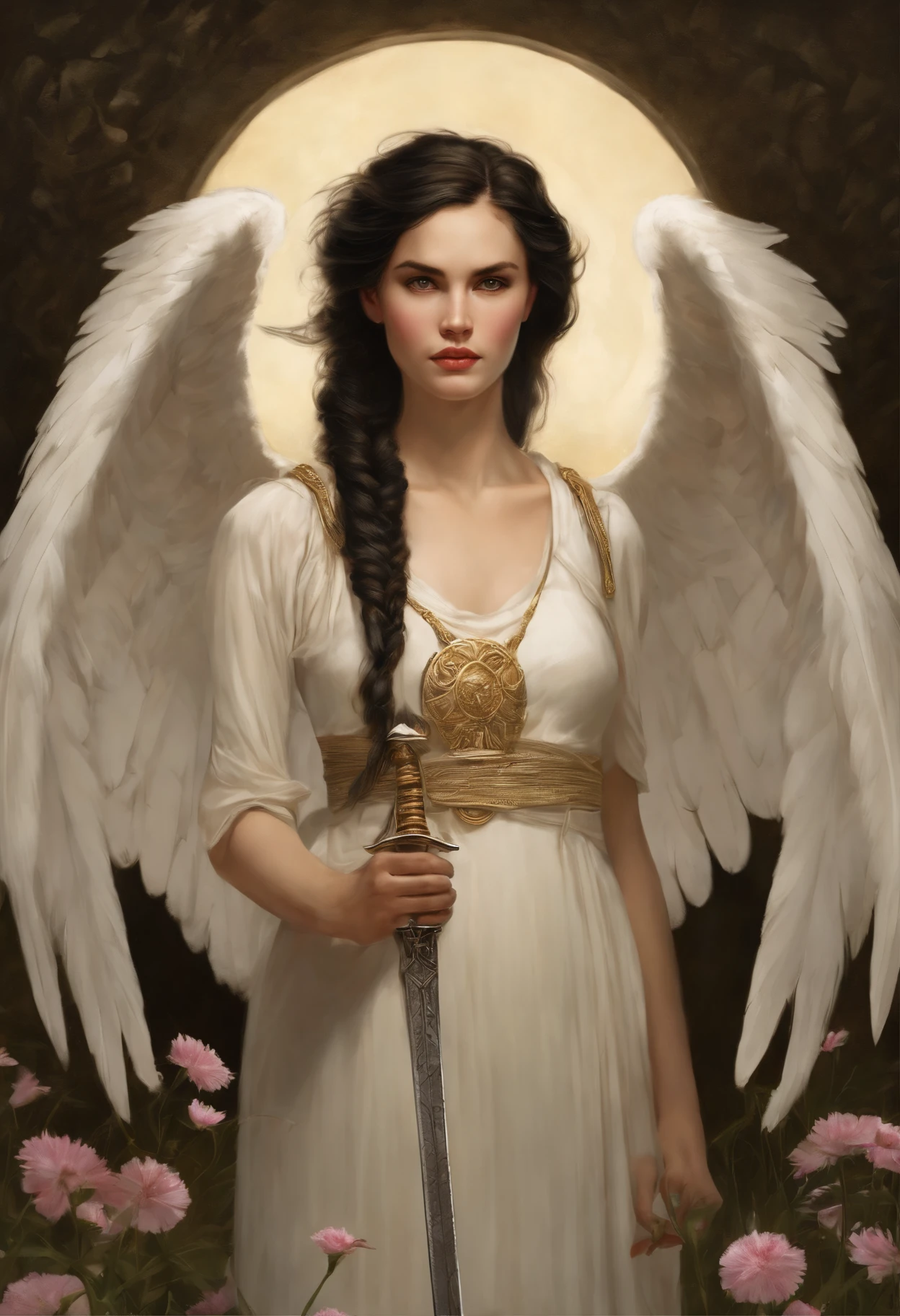 真实感, dark fantasy style, John Tolkien style, Small painting by Jean-Baptiste Monge, portraite of a, looks from the front, Soft facial features,  Angel Girl, Average height, dark pink lips, thin lip shape ,"Cool eyebrows in the shape of Angryburts, dark brown eyes, green colored eyes, drooping eye shape, drooping corner of the eye, looking at away,  black  hair, hair braided in a long thick tight braid,  classic braid, hairstyle with classic braid, duck nose shape slightly snub,  in the hands of the sword of the heavenly warrior,   Human Hand, Very clear without flaws with five fingers ,in the form of a Valkyrie,  Carol Buck style, behind his back are huge open angel wings, Sword in hand,Human Hand, Very clear without flaws with five fingers  ,Slightly naked, Priestesses, dressed in white and gold clothes, holy golden armor, Celestial Queen, stands in the center of a field of cornflowers, Jean-Baptiste Monge, anthropomorphic --ar 2:3 --testp -optimistic;