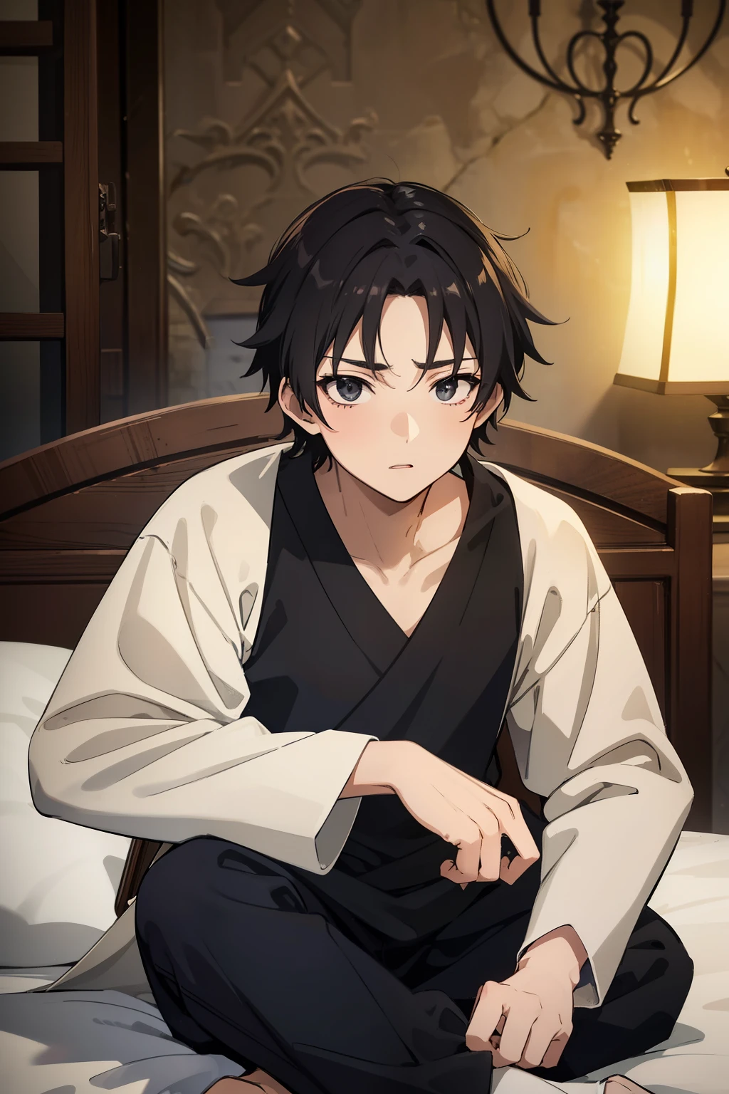 (high quality, ultra detailed), anime character,  man, medieval noble sleepwear, messy black hair, black eyes, surprised expression, sitting on a medieval noble bed