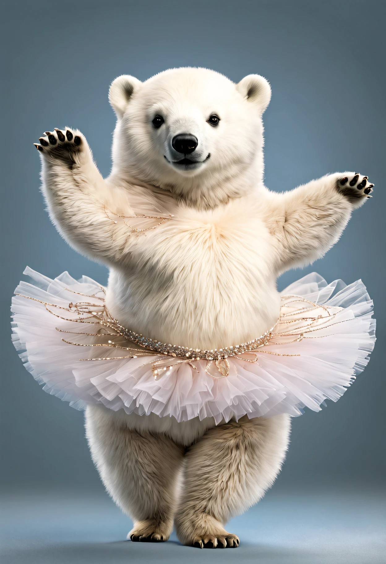 photorealistic portrait of Dressed animals - a fat baby polar bear ballet dancer,( ballet action posing), fluffy body, high quality,(lovely) ,intricate details, highly detailed ((ballet costume)) ,highly detailed tutu, (happy), studio lighting,(full body image:1.5)