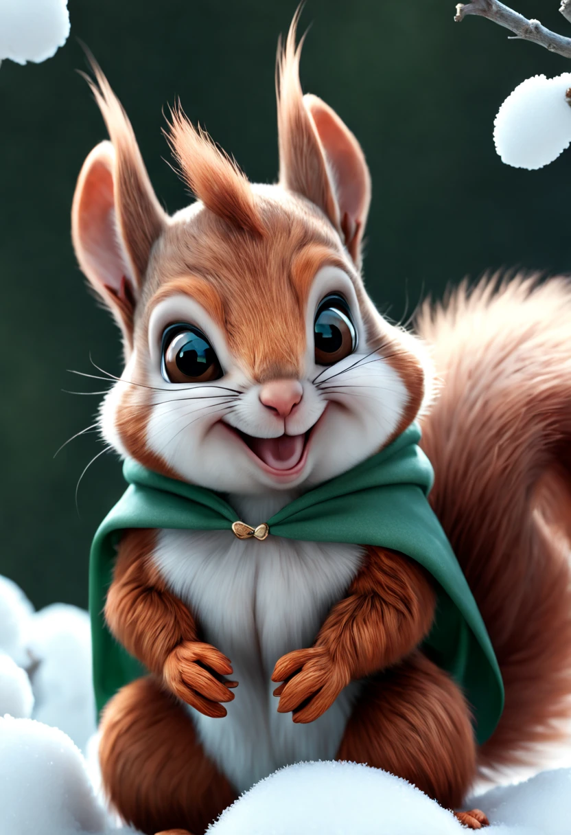 (best quality,4k,8k,highres,masterpiece:1.2),ultra-detailed,(realistic,photorealistic,photo-realistic:1.37),an enchanting landscape,a cute baby  giggling squirrel with anthropomorphic features,adorably cradling a jade,dancing,wearing an elegant cape,a sweet smile,snow-white fur,bright large eyes,along with a fluffy tail,fluffy clouds gently drifting by,incredibly detailed 3D animation,surreal,super detailed,luxury ,movie lighting,ultra-clear details,translucent material,close-up,complex textures,Octane rendering,ZBrush,8K,VRAY hyper-realistic 14247 close-up,Louisa,eyes