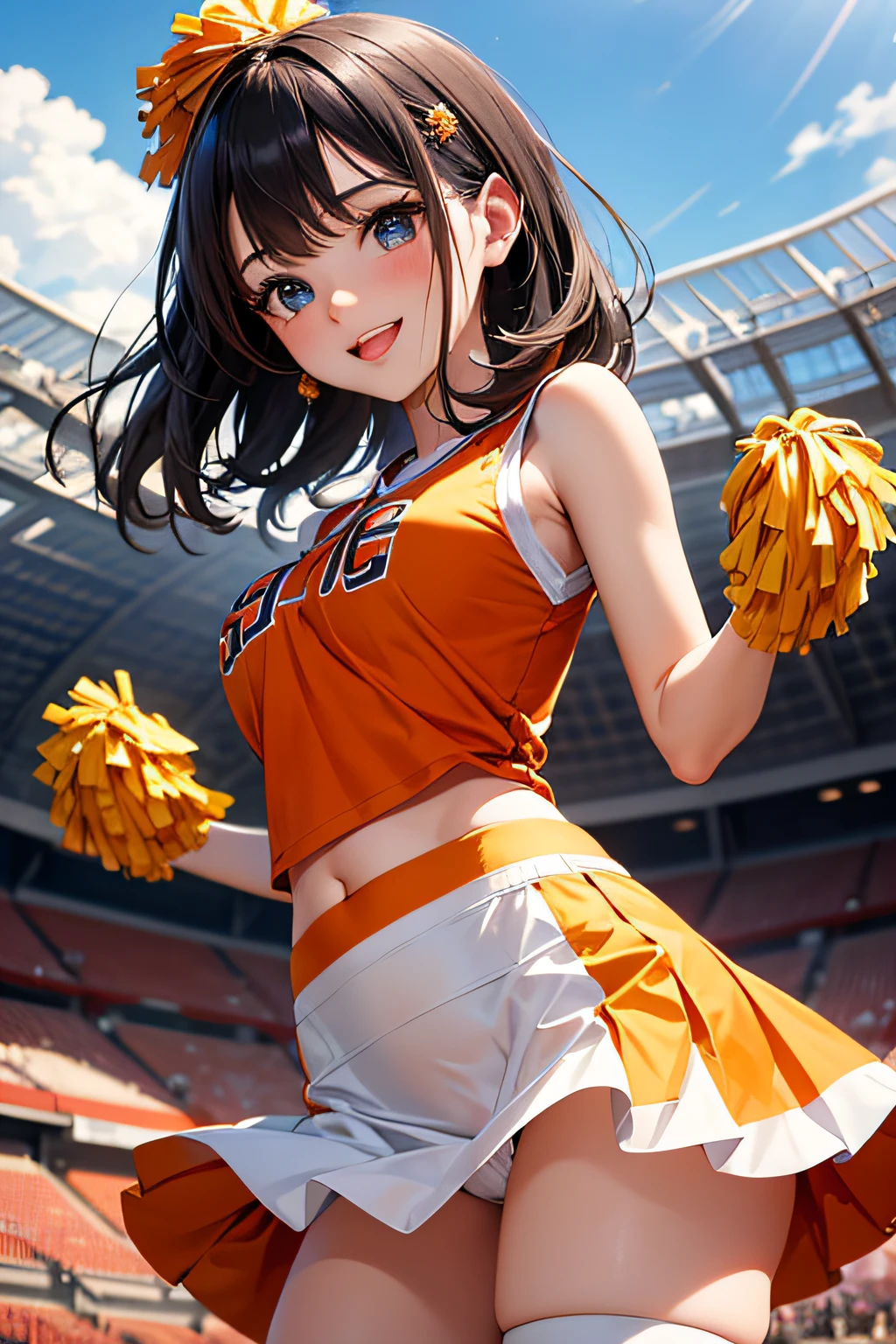 very cute and beautiful cheerleader girl,(very detailed beautiful face and eyes:1.2),(holding a pom pom:1.2),(Laugh),
(Stadium Stand),Cowboy Shot,Dynamic Pose,zettai ryouiki,(orange sleeveless shirt),Beautiful legs,(Skirt lift,White panties),Dynamic Angle,Black hair,
(Best Quality,masutepiece:1.2),Intricate details,Ultra-detailed,hight resolution,1 girl,Looking at Viewer,
Natural lighting,Hair fluttering in the wind,Beautiful detailed sky,