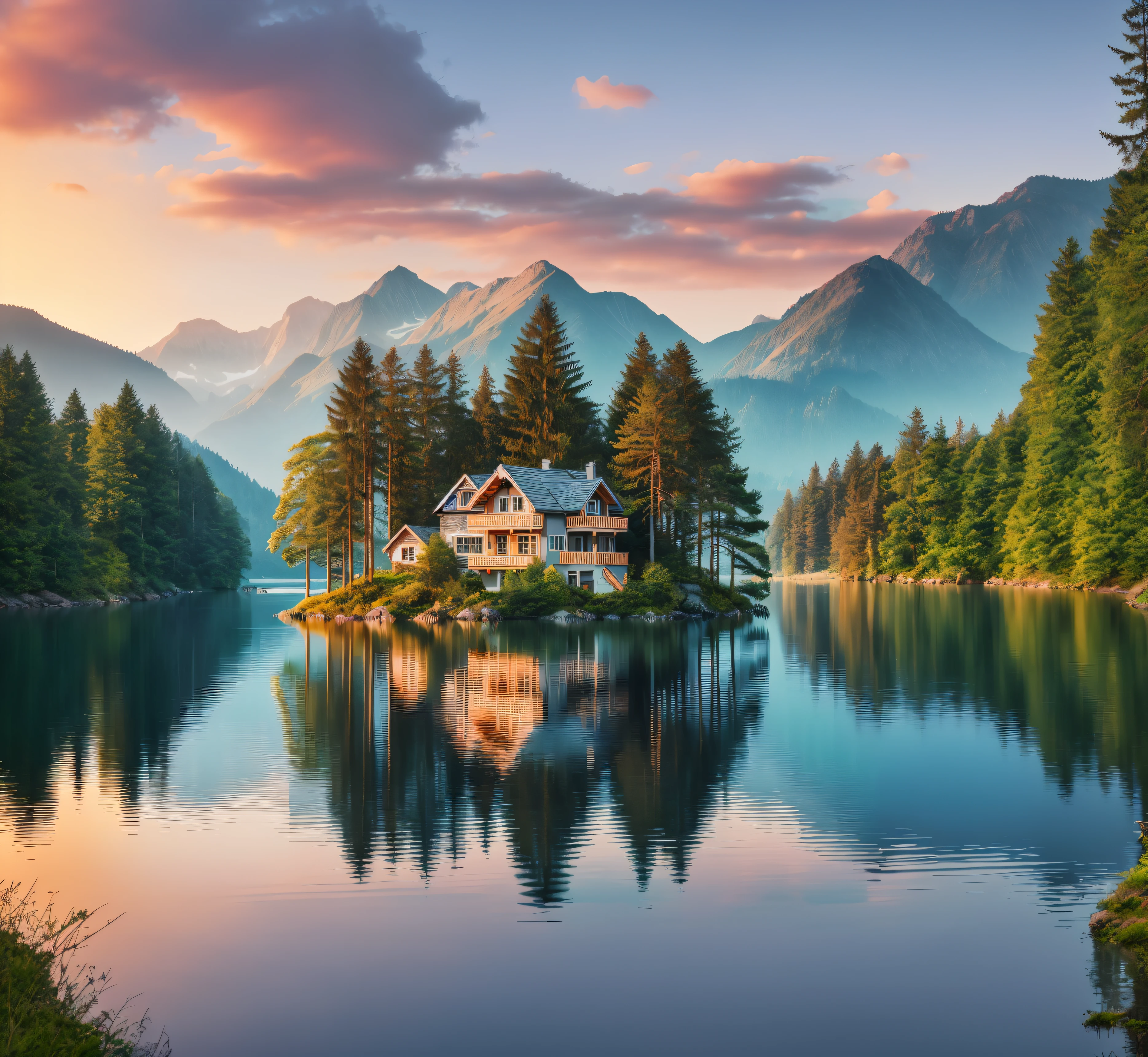 a view of a house on a small island in the middle of a lake, lake house, beautiful place, by Franz Hegi, an amazing landscape image, natural landscape beauty, in a serene landscape, nature in all its beauty, stylized photo, majestic nature scenery, in a scenic background, setting in nature, perfect landscape, stunning landscape, incredibly beautiful
