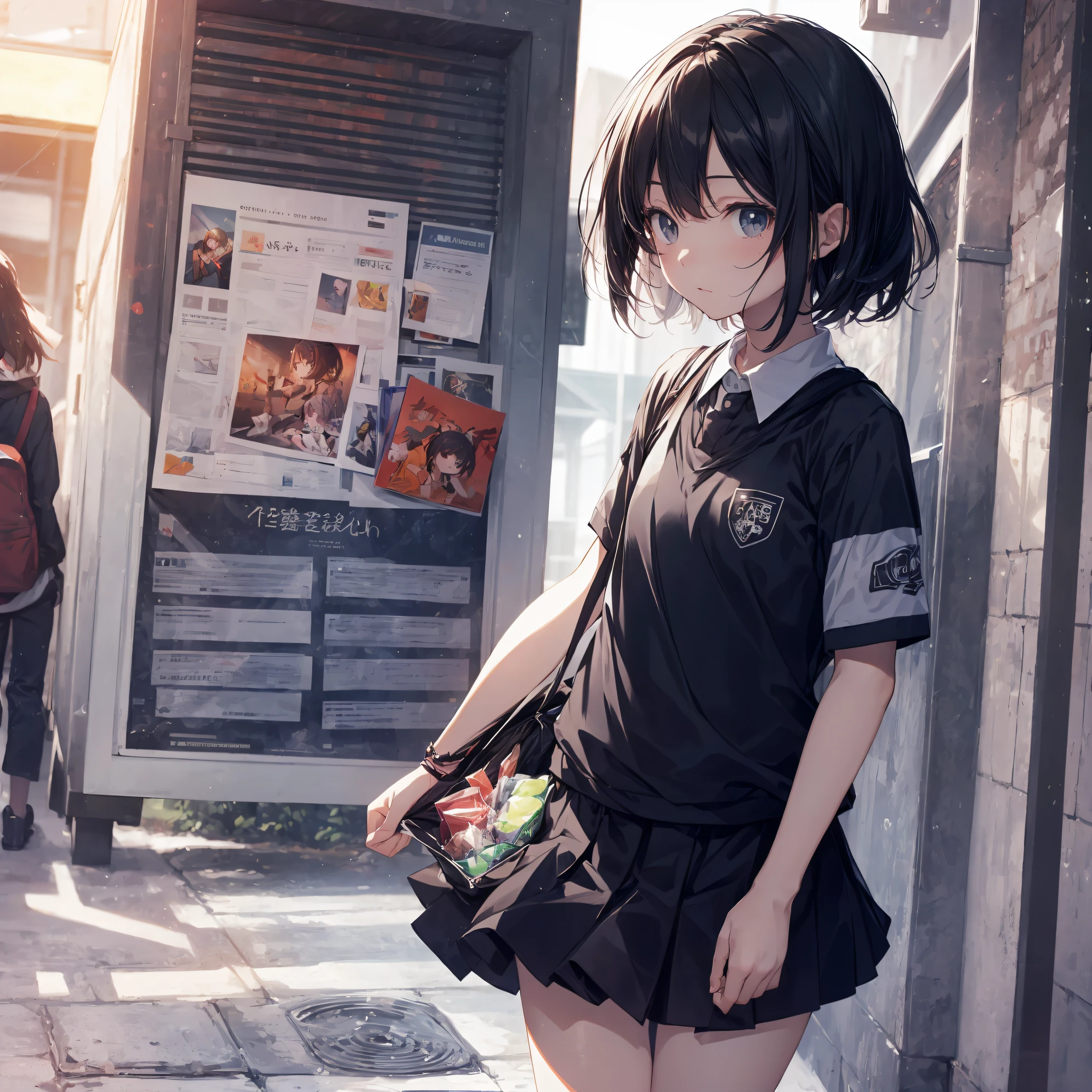 Top quality by creator God, Ultra-detailed, anime moe art style,Best Anime 8K Konachan Wallpapers,Pixiv Contest Winner,Perfect Anatomy, (Draw a girl sleepily walking to school. ),BREAK, 1girl is a cool beautiful girl, (Solo,Lori,,13yea:1.3),a junior gynous attraction, (Center part very short hair), hair messy,Forehead, Full limbs, complete fingers,flat chest, Small butt, groin, Small eyes,Beautiful detailed black eyes,Well-proportioned iris and pupils,disgusted eye, School uniform, Skirt,On the way to school. BREAK,High resolution,super detailed skin, Best lighting by professional AI, 8K, Illustration,