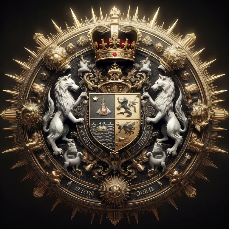 Great coat of arms of the Beithon Empire close-up of the gold and silver coat of arms with lions and crown, coat of arms, heraldry, Royal insignia in the background, High-quality works of art, official artwork, Shield emblem, 8k high quality detailed art, ornate art, Family coat of arms, Extremely high quality works of art, Crown, monarchy, intricate ornate anime cgi style, in ultra-high detail style