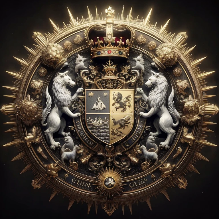 Great coat of arms of the Beithon Empire close-up of the gold and silver coat of arms with lions and crown, coat of arms, heraldry, Royal insignia in the background, High-quality works of art, official artwork, Shield emblem, 8k high quality detailed art, ornate art, Family coat of arms, Extremely high quality works of art, Crown, monarchy, intricate ornate anime cgi style, in ultra-high detail style
