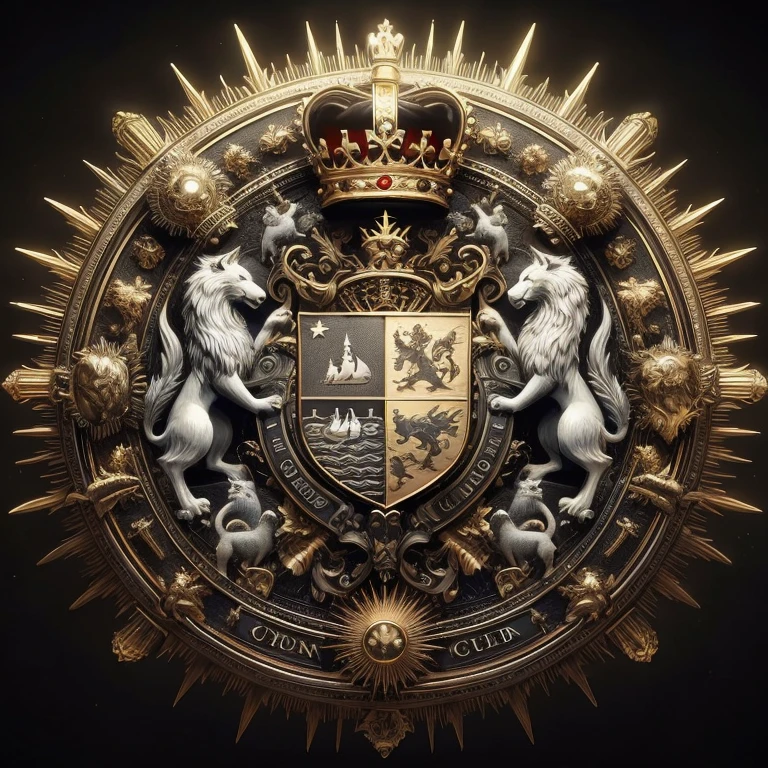 Great coat of arms of the Beithon Empire close-up of the gold and silver coat of arms with lions and crown, coat of arms, heraldry, Royal insignia in the background, High-quality works of art, official artwork, Shield emblem, 8k high quality detailed art, ornate art, Family coat of arms, Extremely high quality works of art, Crown, monarchy, intricate ornate anime cgi style, in ultra-high detail style