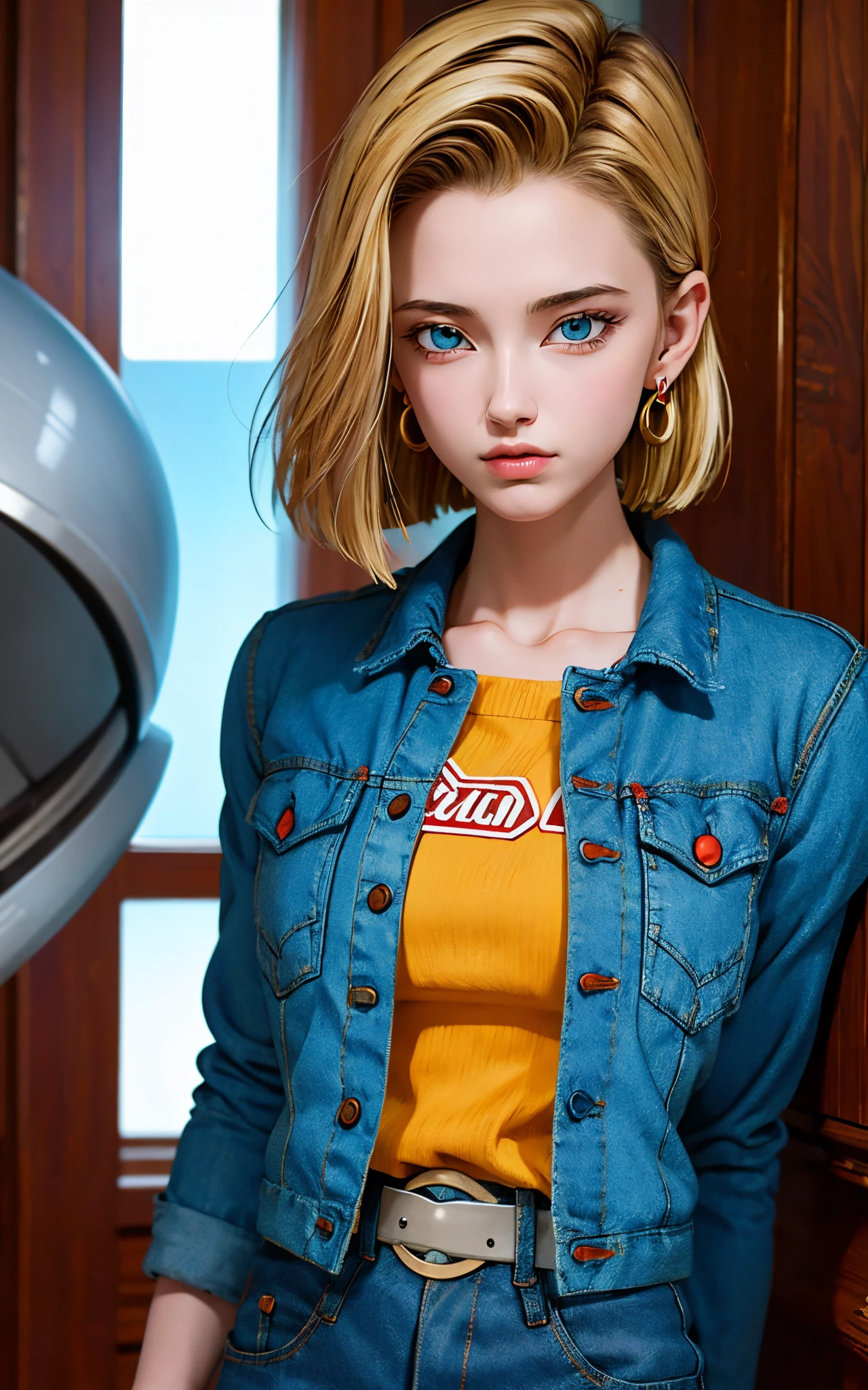 (masterpiece, best quality), realistic version of android18, earrings, denim, belt upper body, focus face, perfect face, Emily Rudd.