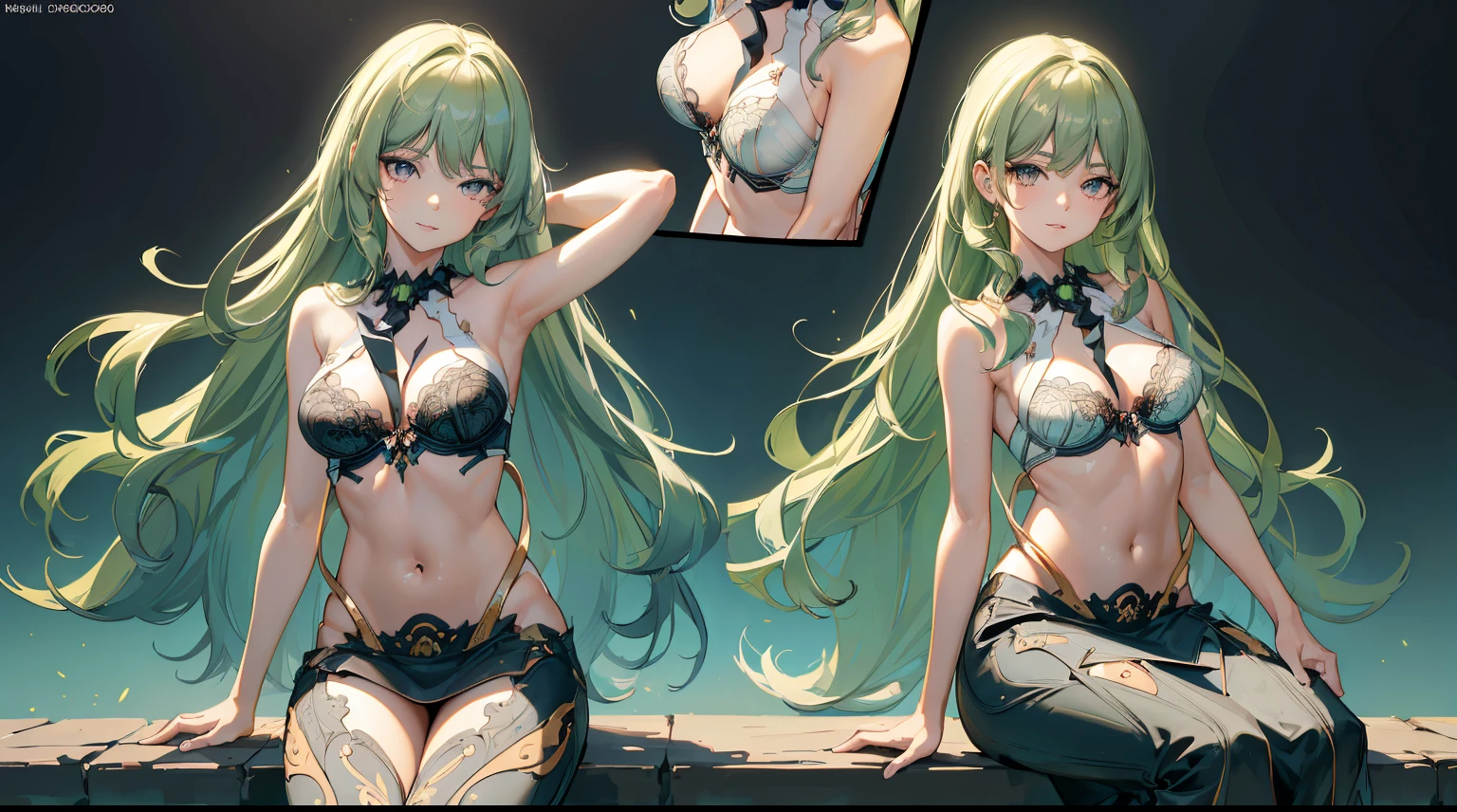 ((4k, masterpiece, top-quality)),8k, best quality, high resolution, HD, (illustration:0.8), super cute girl, delicate and beautiful face, mature girl, super cute hairstyle, (beautiful detailed eyes:1.6), extremely detailed face, perfect lighting, extremely detailed CG, (perfect hands, perfect anatomy), super complex details, intricate details, Best quality, green hair, small breasts, cleavage, navel, t-shirt, ((bra)),clothes lift, skirt, lying, full Body, perfect body ,sitting, armpit