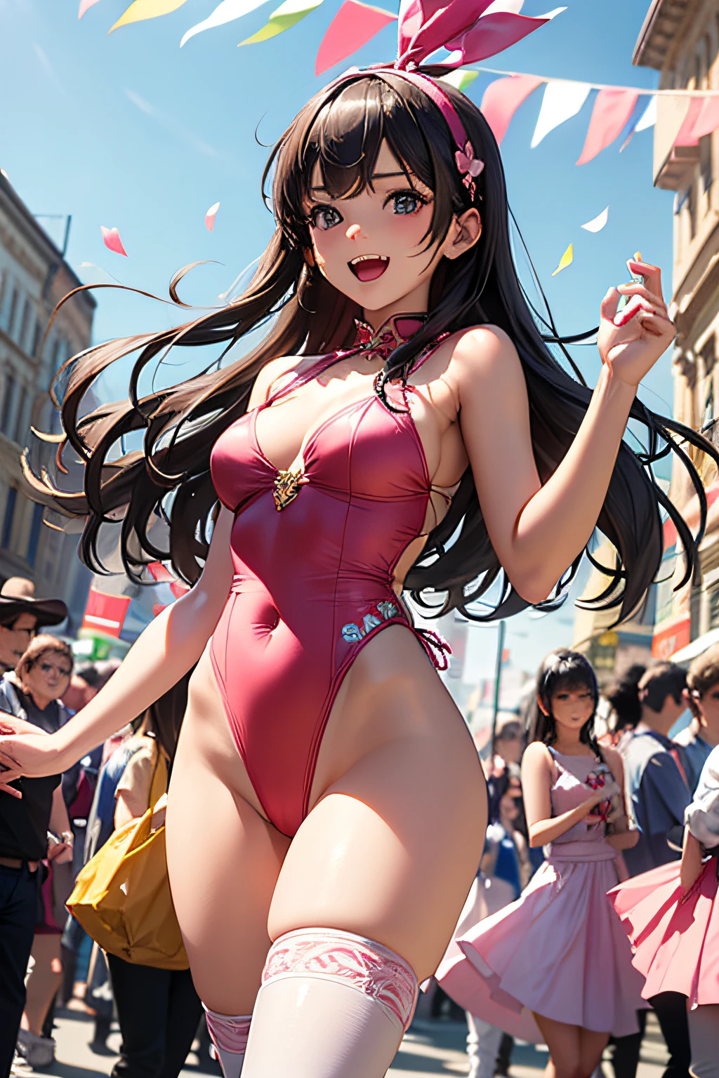 Very cute and beautiful girl,(very detailed beautiful face and eyes:1.2),(Pink leotard:1.2),(Sleeveless),(Laugh),
city street festival,(parade:1.2),(Many people wearing pastel colored costumes),a flag,empty confetti,Outdoors,depth of fields,
(Cowboy Shot),zettai ryouiki,Standing,Detailed legs,Dynamic Pose,Dynamic Angle,Black hair,Hair Band,
(Best Quality,masutepiece:1.2),Intricate details,hight resolution,Solo Focus,Natural lighting,Hair fluttering in the wind,