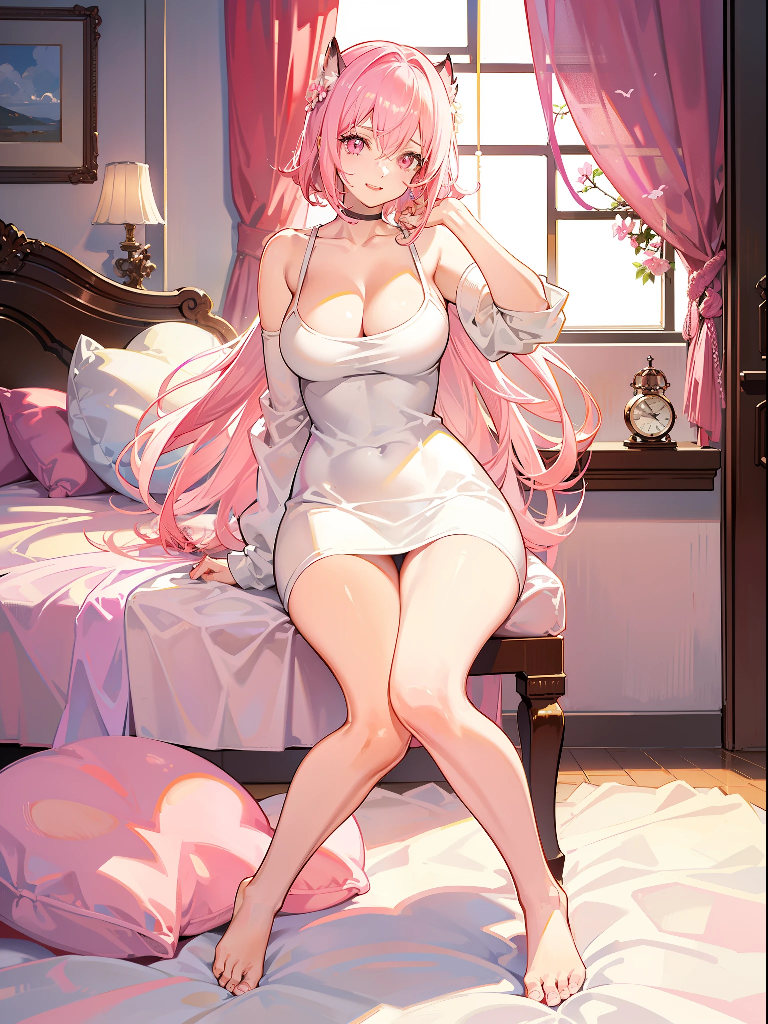 Lori huge breasts cleavage,Happy face,Bob Head,Furry Pink Sweater,white panties with legs,Barefoot,Pink Theme,sit on a bed,White skin of the,inside in room,rays of sunshine,With pink hair,Pink eyes,thick thight,sexy for