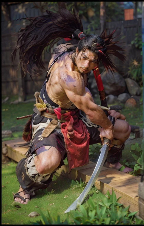 Samurai man, 
solo, long hair, 1man, jungle background, ponytail, weapon, male focus, black hair, japanese clothes, sword, katana, sheath, scar on face, sheathed, unsheathing, samurai, realistic, 超A high resolution、An ultra-high picture quality、masutepiece、8Ｋ、Townscape of the Edo period、Samurai in kimono、、Macho body、Dirty appearance、Gasatsu、Chommage、Ragged head,  unreal engine, grass realistic,  stone realistic,  hair realistic, cinematic light,  cinematic camera, effect fire