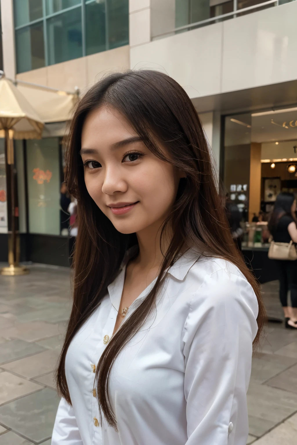 (masterpiece, best quality, ultra high res, beautiful detailed hair detailed face, perfect feminine face), xytely smiling, there  a woman with long hair and a white blouse wearing, an asian woman, asian girl, a young asian woman, south east asian with round face, asian female, beautiful asian girl, mall background