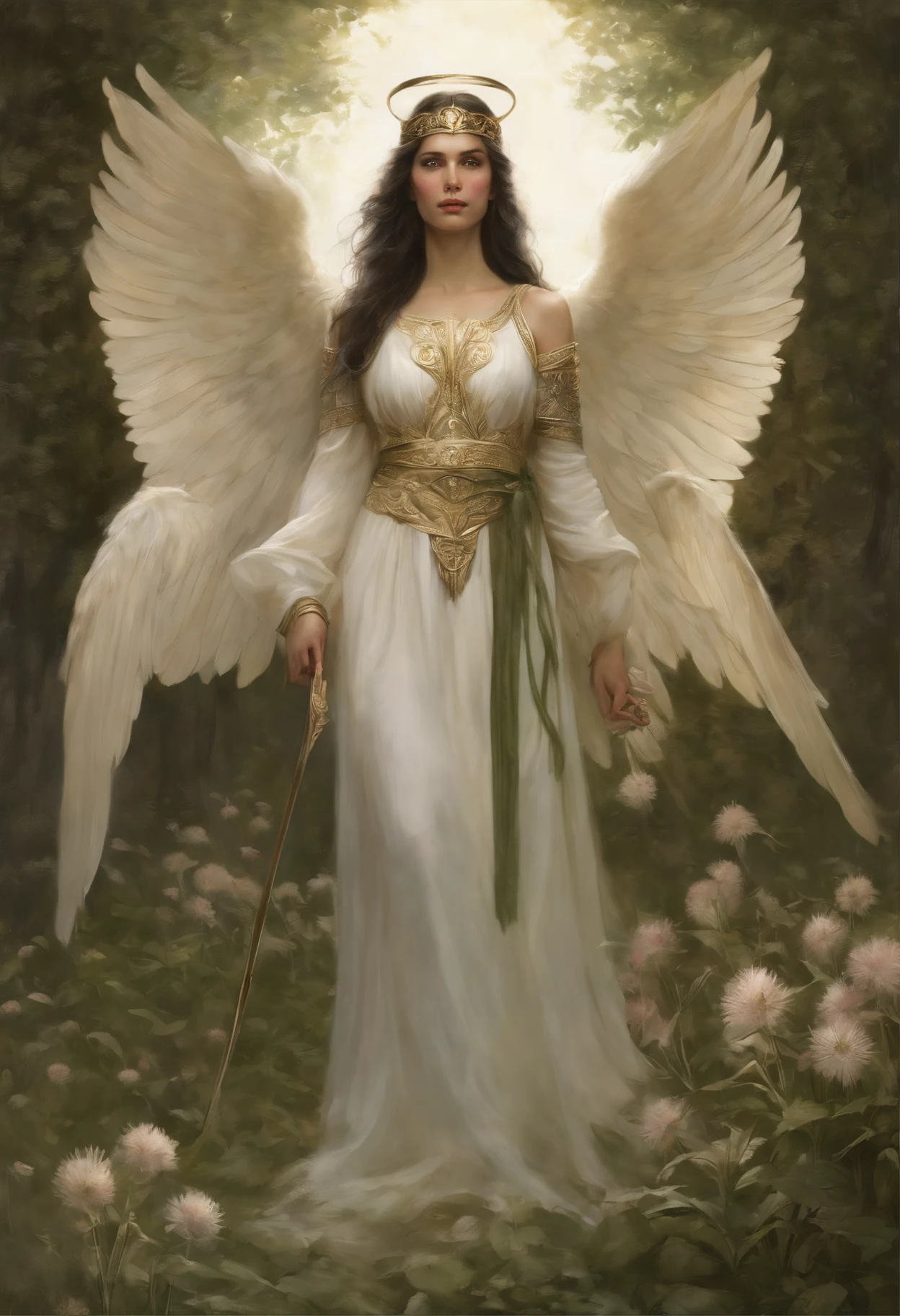 真实感, dark fantasy style, John Tolkien style, Small painting by Jean-Baptiste Monge, portraite of a, looks from the front, Soft facial features, Angel Girl, Average height, dark pink lips, thin lip shape ,"Cool eyebrows in the shape of Angryburts, dark brown eyes, green colored eyes, drooping eye shape, drooping corner of the eye, looking at away, black hair, hair braided in a long thick tight braid, classic braid, hairstyle with classic braid, duck nose shape slightly snub, in the hands of the sword of the heavenly warrior, Human Hand, Very clear without flaws with five fingers ,in the form of a Valkyrie, Carol Buck style, behind his back are huge open angel wings, Sword in hand,Human Hand, Very clear without flaws with five fingers ,Slightly naked, Priestesses, dressed in white and gold clothes, holy golden armor, Celestial Queen, stands in the center of a field of cornflowers, Jean-Baptiste Monge, anthropomorphic --ar 2:3 --testp -optimistic;