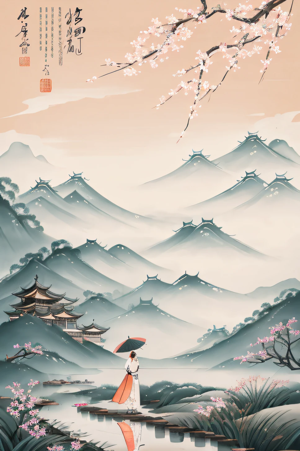 Woman holding an umbrella,back shadow,Can't see the face clearly,artistic conception, Abstract,Clouds and fog, Freehand Chinese style, Jiangnan elegant background, Chinese wonderland, Monte, Traditional chinese painting, ink illustration, Hand drawn ink painting, Zen Chinese Painting