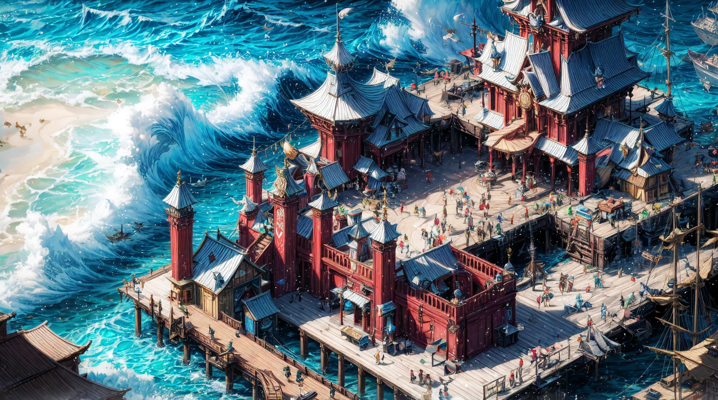 amidst the golden age of piracy, A bustling pirate port filled with lively crowds against the backdrop of a sprawling city.. Bird's eye view.