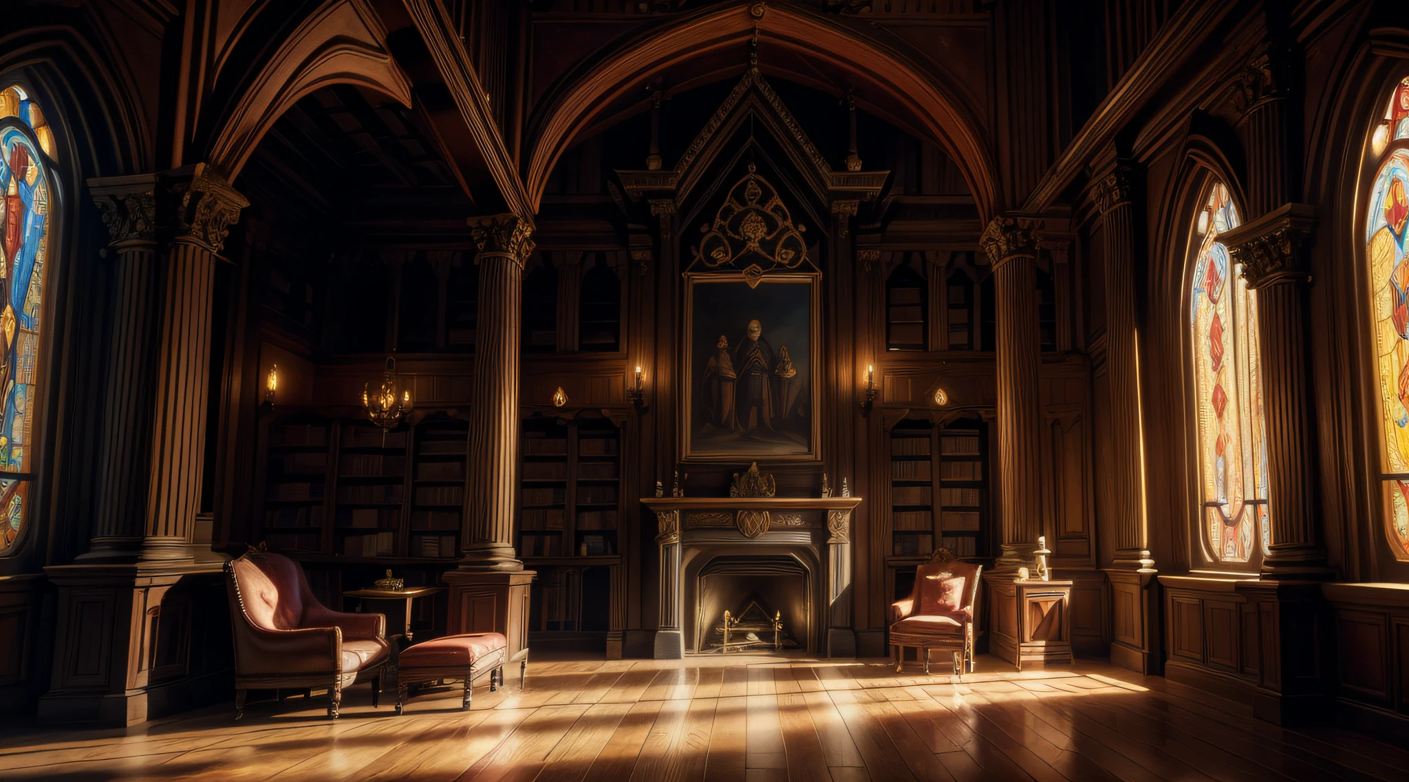 (best quality,4k,8k,highres,masterpiece:1.2),ultra-detailed,realistic,dark medieval library,fireplace,dimly lit,bookshelves,candlelight,leather-bound books,ancient manuscripts,crackling flames,wooden furniture,aged paintings,secret passageways,heavy curtains,dusty air,antique desk,grand chandelier,flickering shadows,hidden treasures,mysterious atmosphere,lingering whispers,ornate decorations,vaulted ceilings,stone walls,tapestries,creaking floorboards,imposing statues,enchanted ambiance,medieval architecture,pondering scholars,dim light illuminating rare knowledge,a misty haze of knowledge,dark corners revealing ancient secrets,golden calligraphy in old books,whispering spirits of ancient authors,solemn silence of forgotten wisdom,crimson glow of flickering flames,dimly lit stained glass windows casting vibrant hues,mystical aura of timeless knowledge.